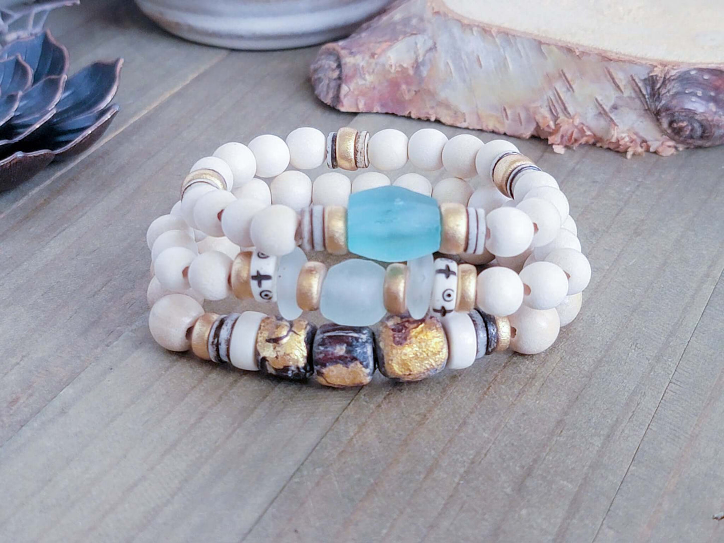 Wood Bead Bracelet-Gold, Cream, Aqua Stacker, Nicki Lynn Jewelry