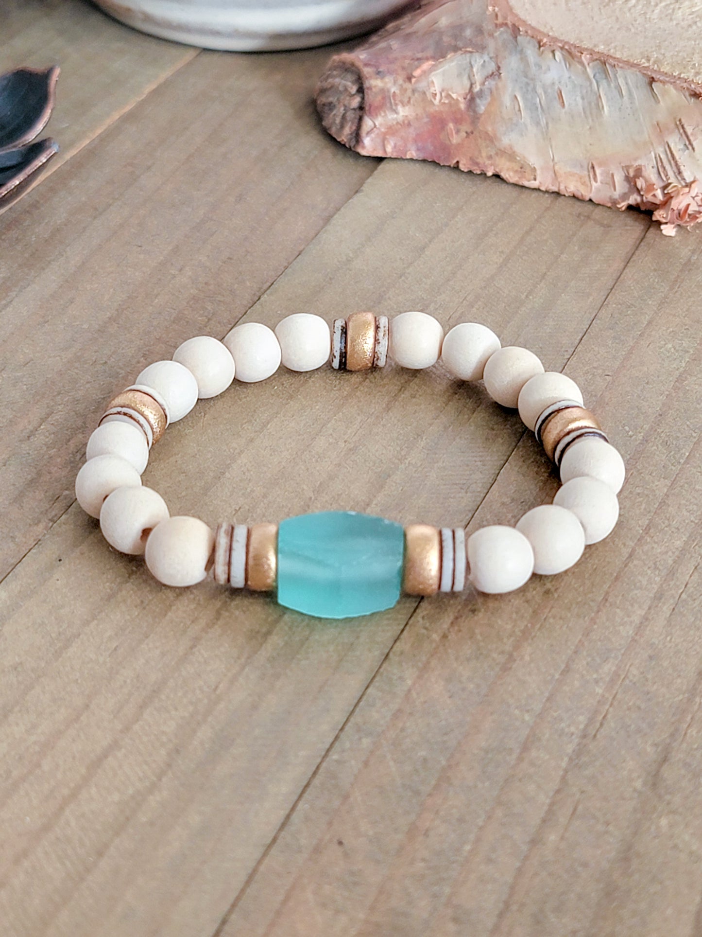 Wood Bead Bracelet-Gold, Cream, Marine Blue Stacker - Nicki Lynn Jewelry