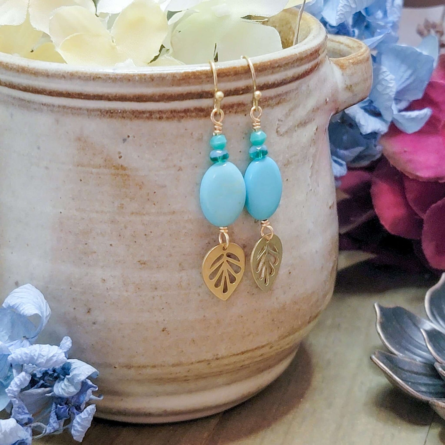 Turquoise and Brass Leaf Dangle Earrings, Nicki Lynn Jewelry