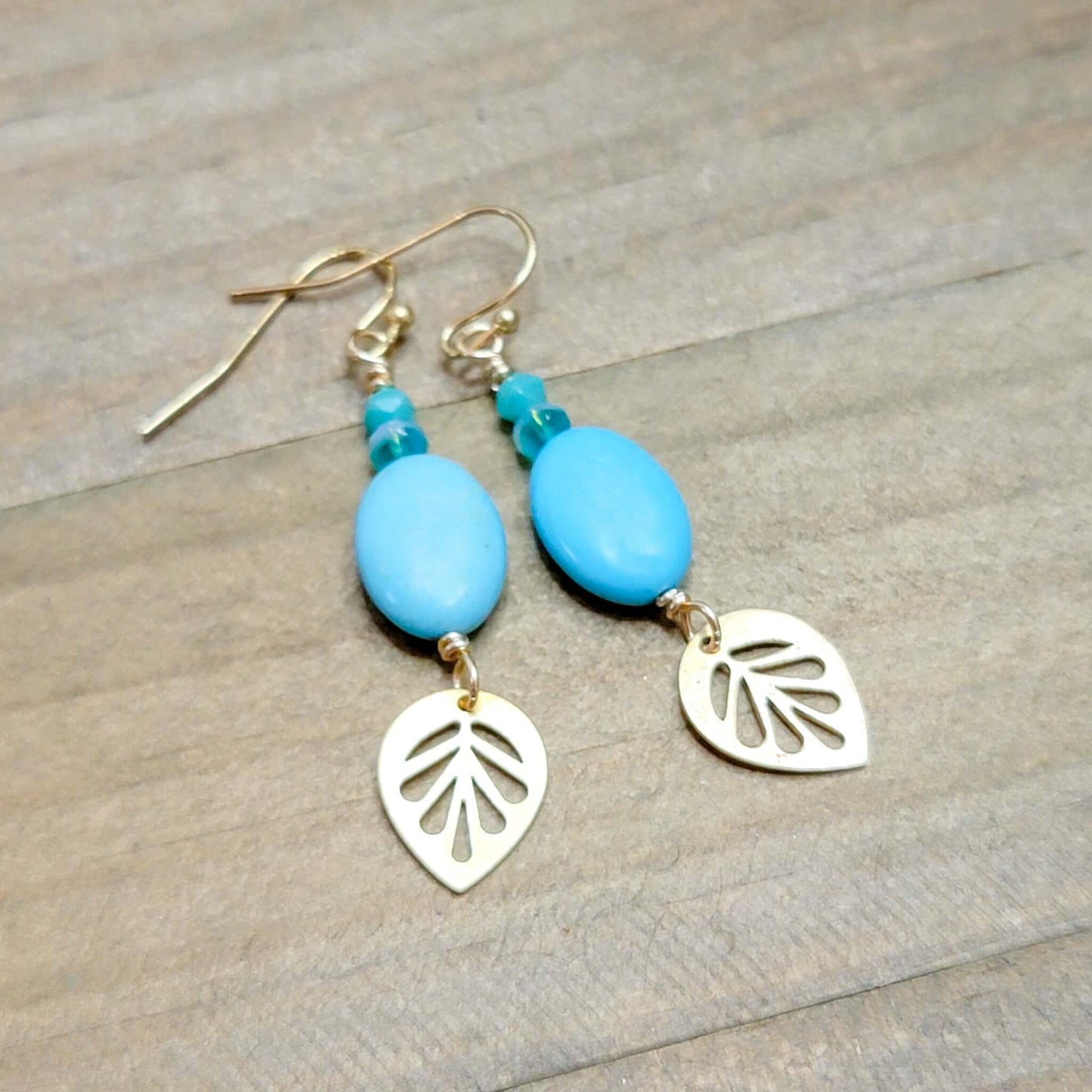 Turquoise and Brass Leaf Dangle Earrings, Nicki Lynn Jewelry