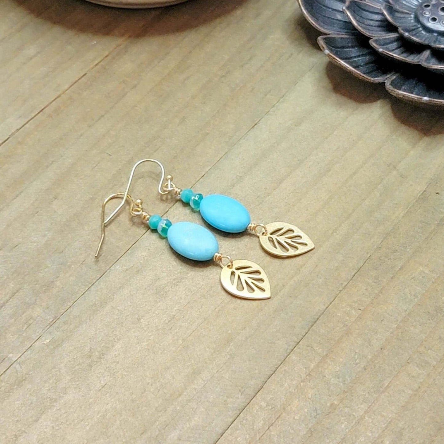 Turquoise and Brass Leaf Dangle Earrings, Nicki Lynn Jewelry