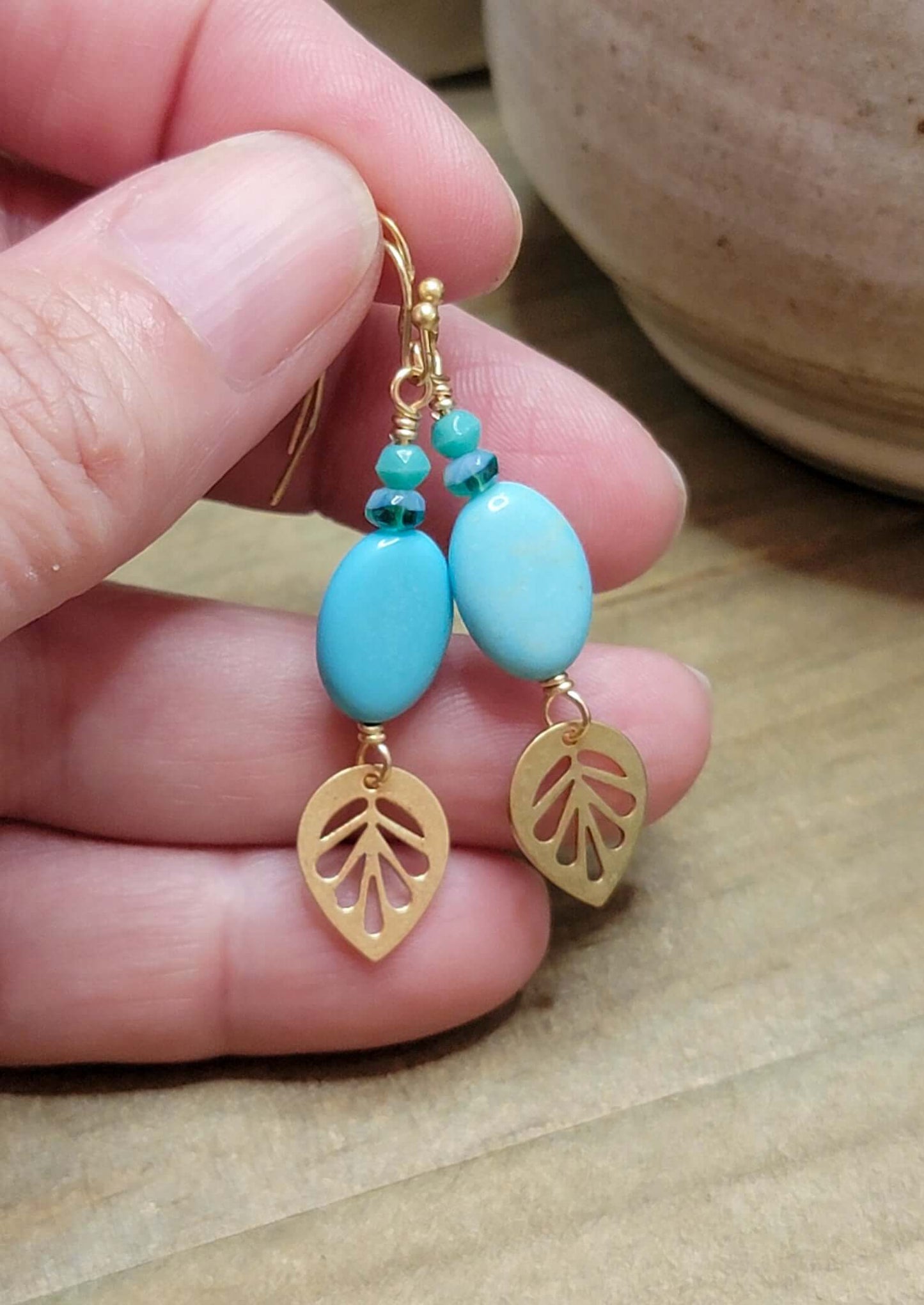 Turquoise and Brass Leaf Dangle Earrings, Nicki Lynn Jewelry