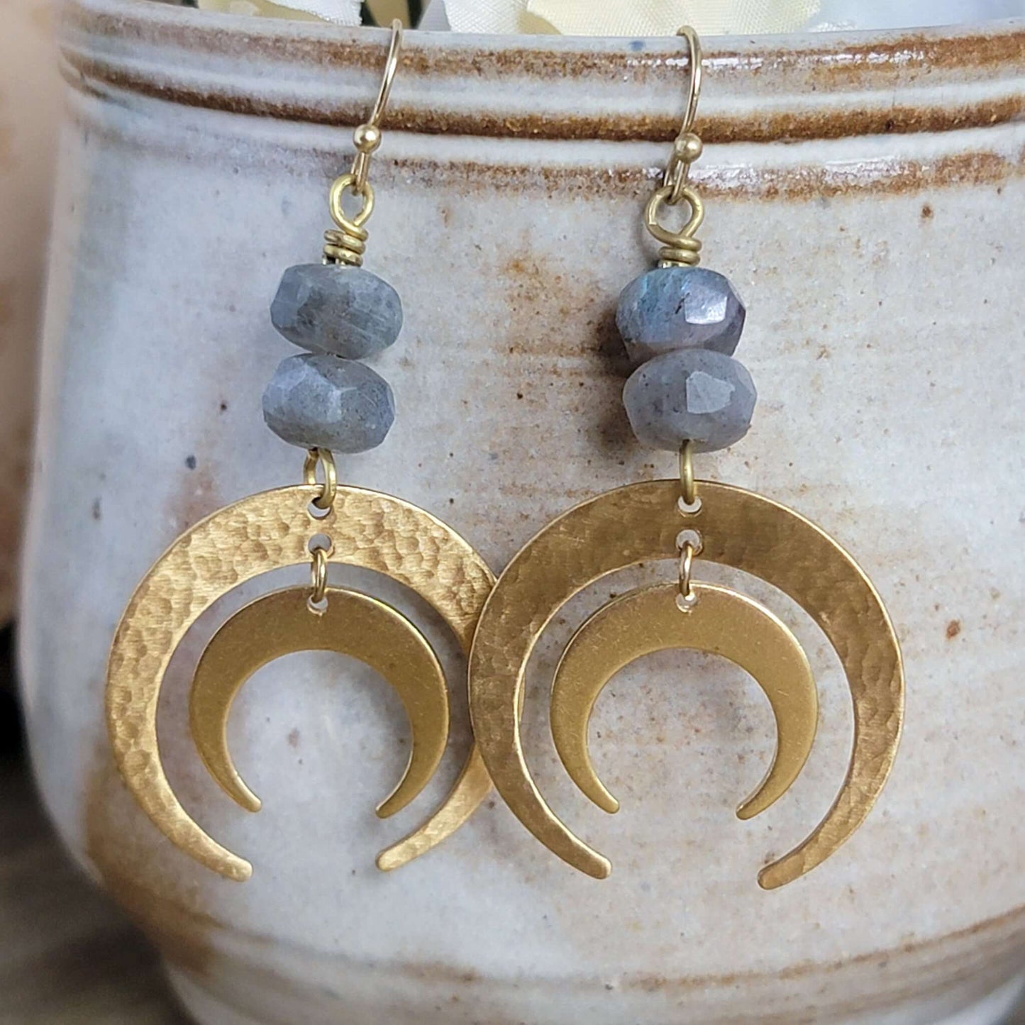 Hammered Brass and Labradorite Statement Earrings, Nicki Lynn Jewelry