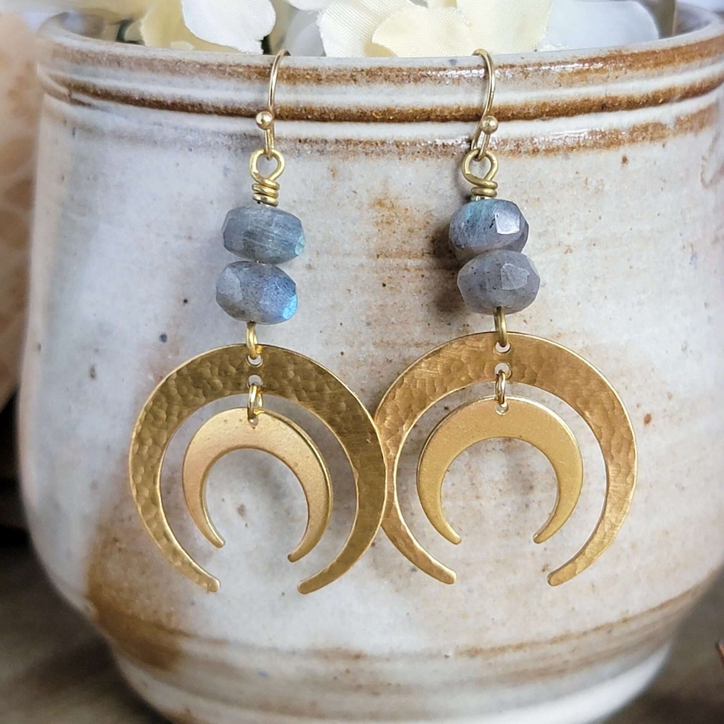 Hammered Brass and Labradorite Statement Earrings, Nicki Lynn Jewelry