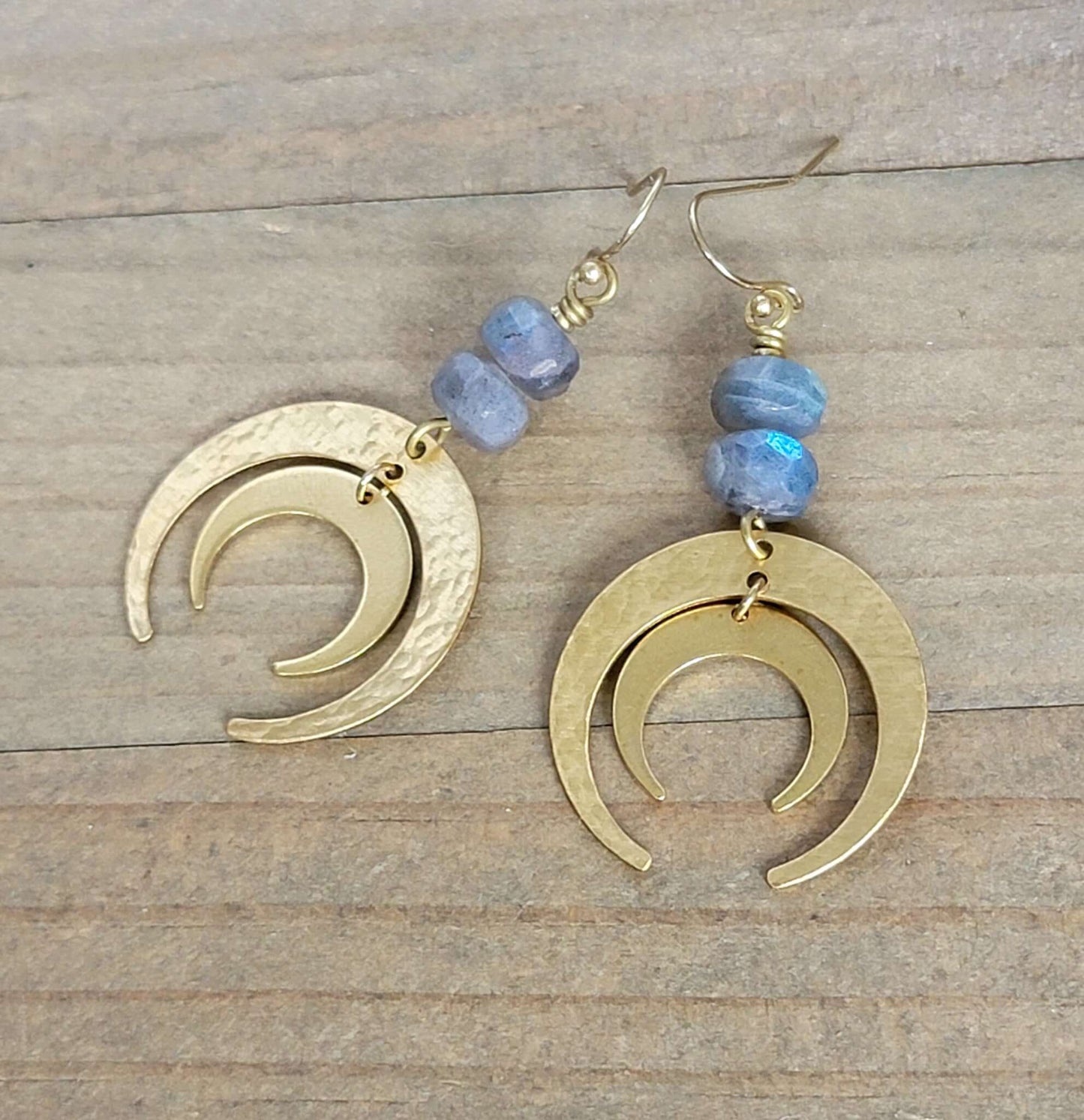 Hammered Brass and Labradorite Statement Earrings, Nicki Lynn Jewelry