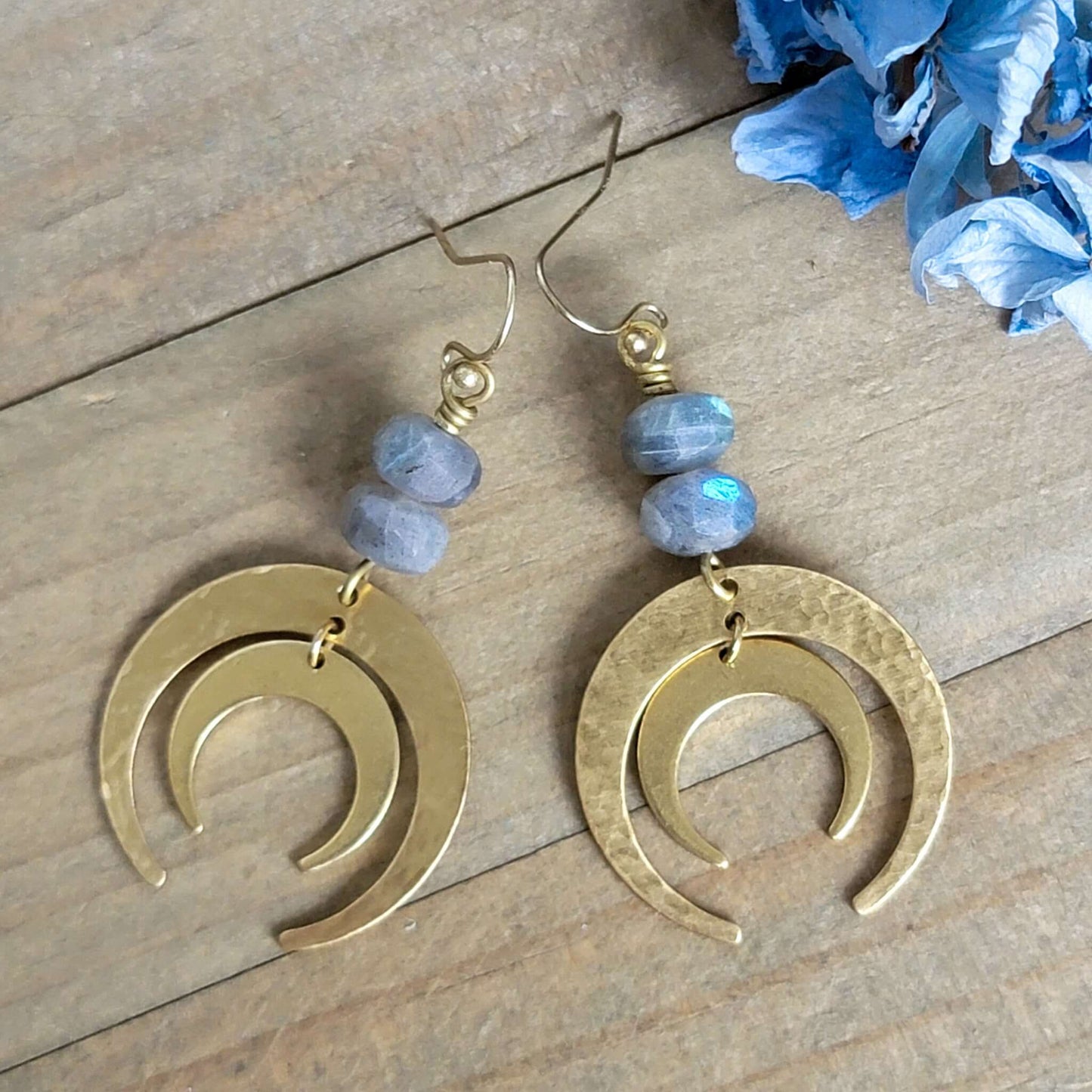 Hammered Brass and Labradorite Statement Earrings, Nicki Lynn Jewelry