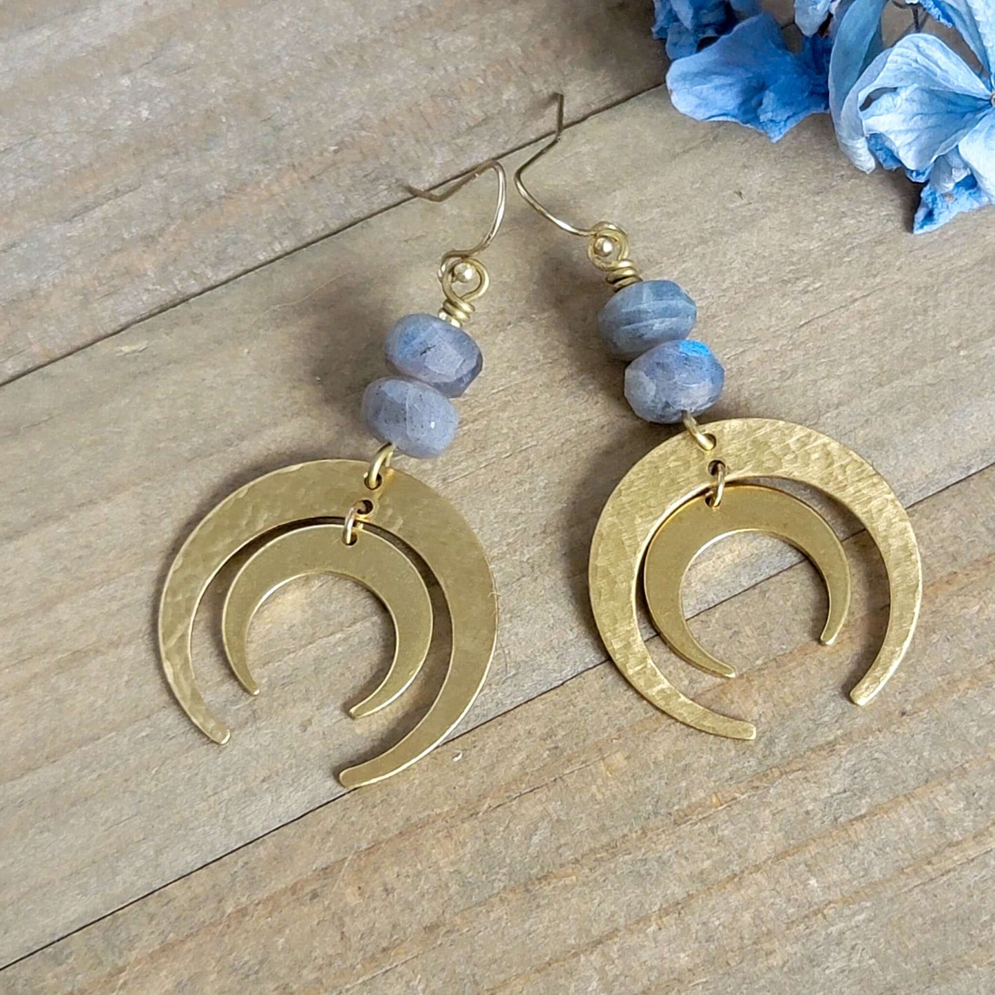 Hammered Brass and Labradorite Statement Earrings, Nicki Lynn Jewelry