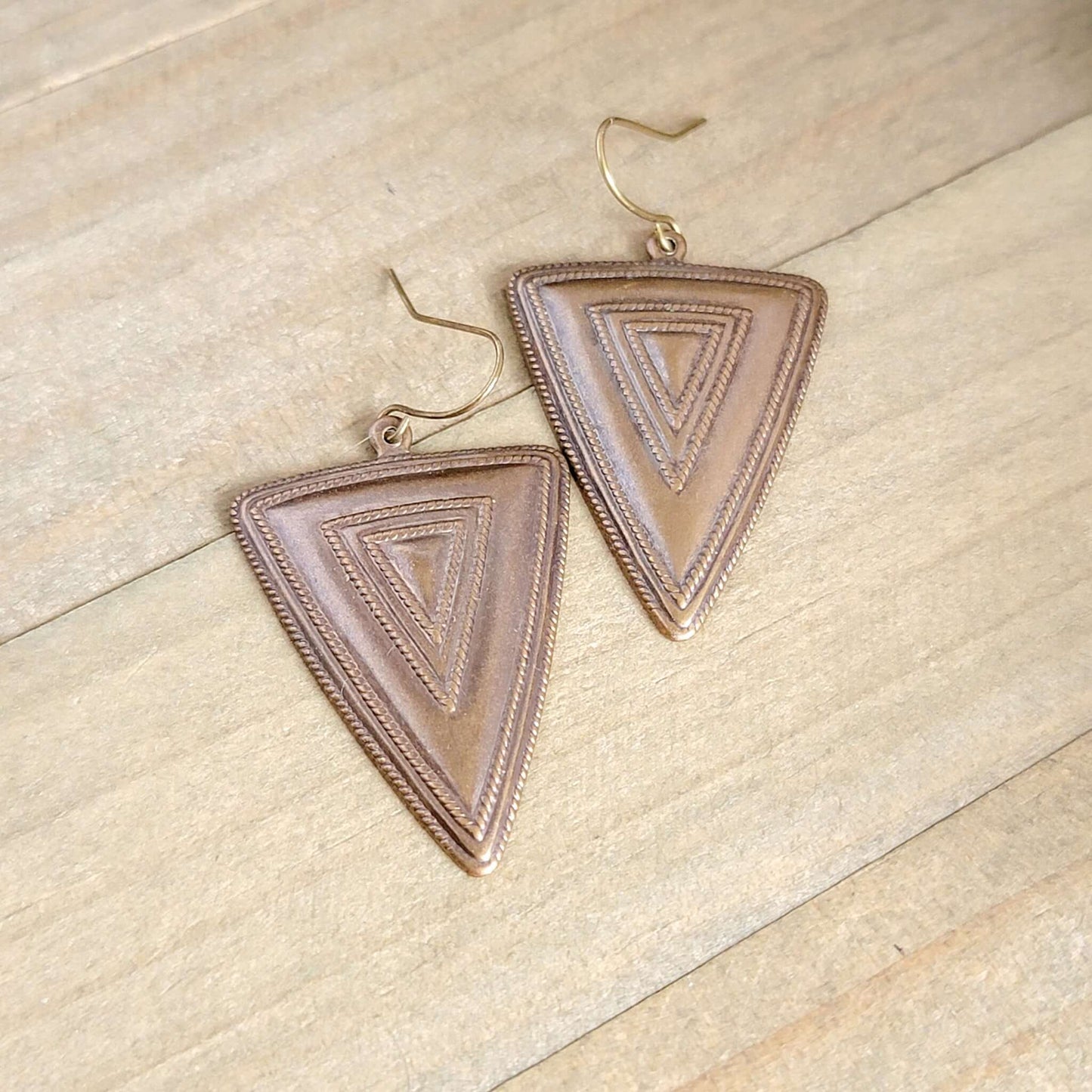 Large Antiqued Brass Triangle Earrings, Nicki Lynn Jewelry