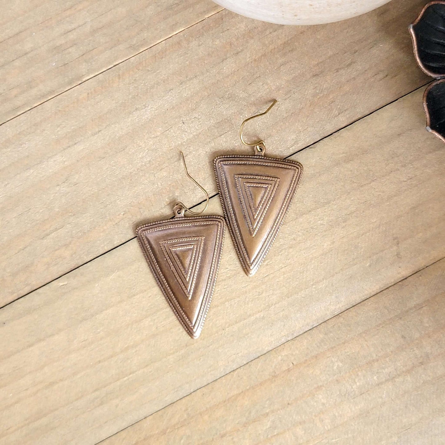 Large Antiqued Brass Triangle Earrings, Nicki Lynn Jewelry
