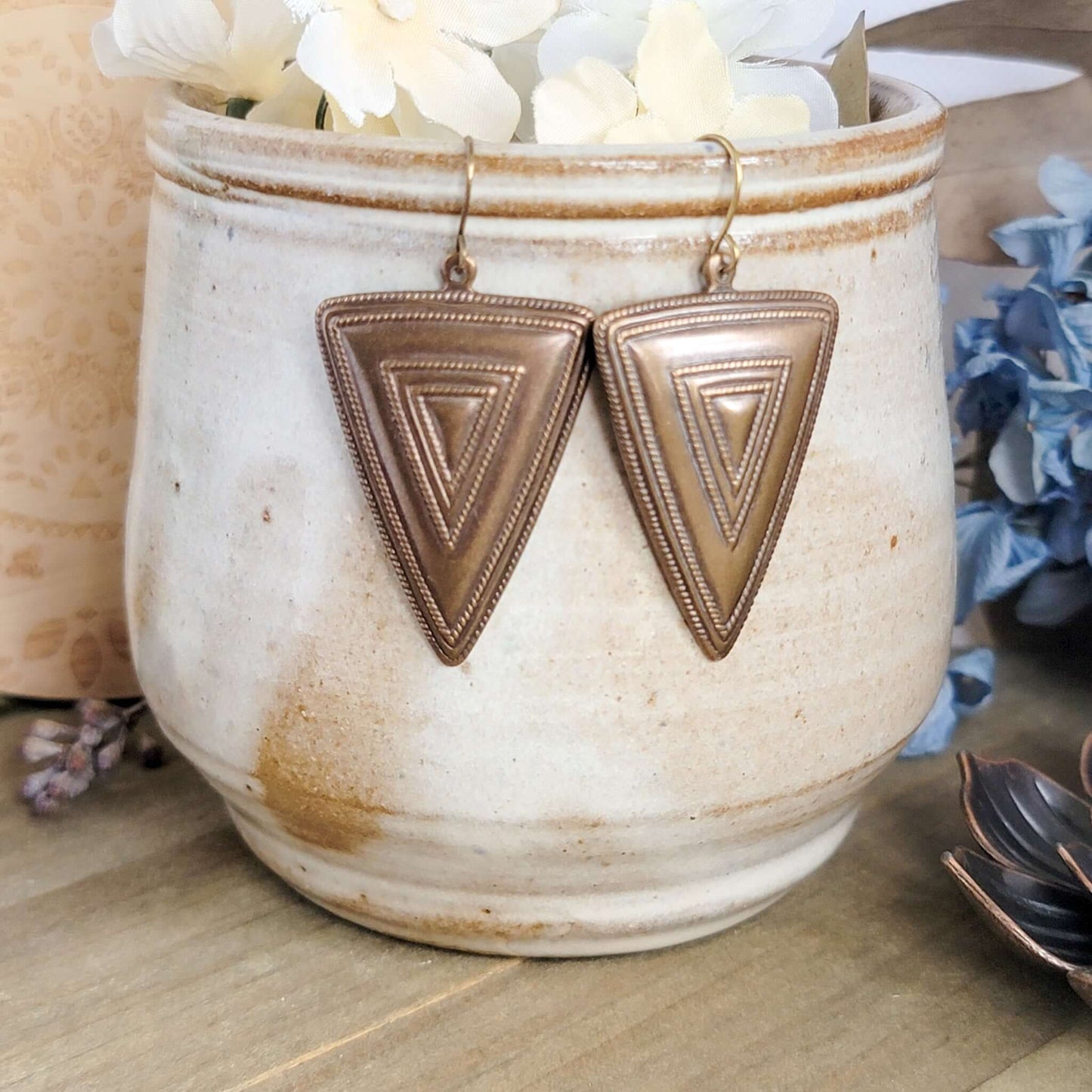 Large Antiqued Brass Triangle Earrings, Nicki Lynn Jewelry