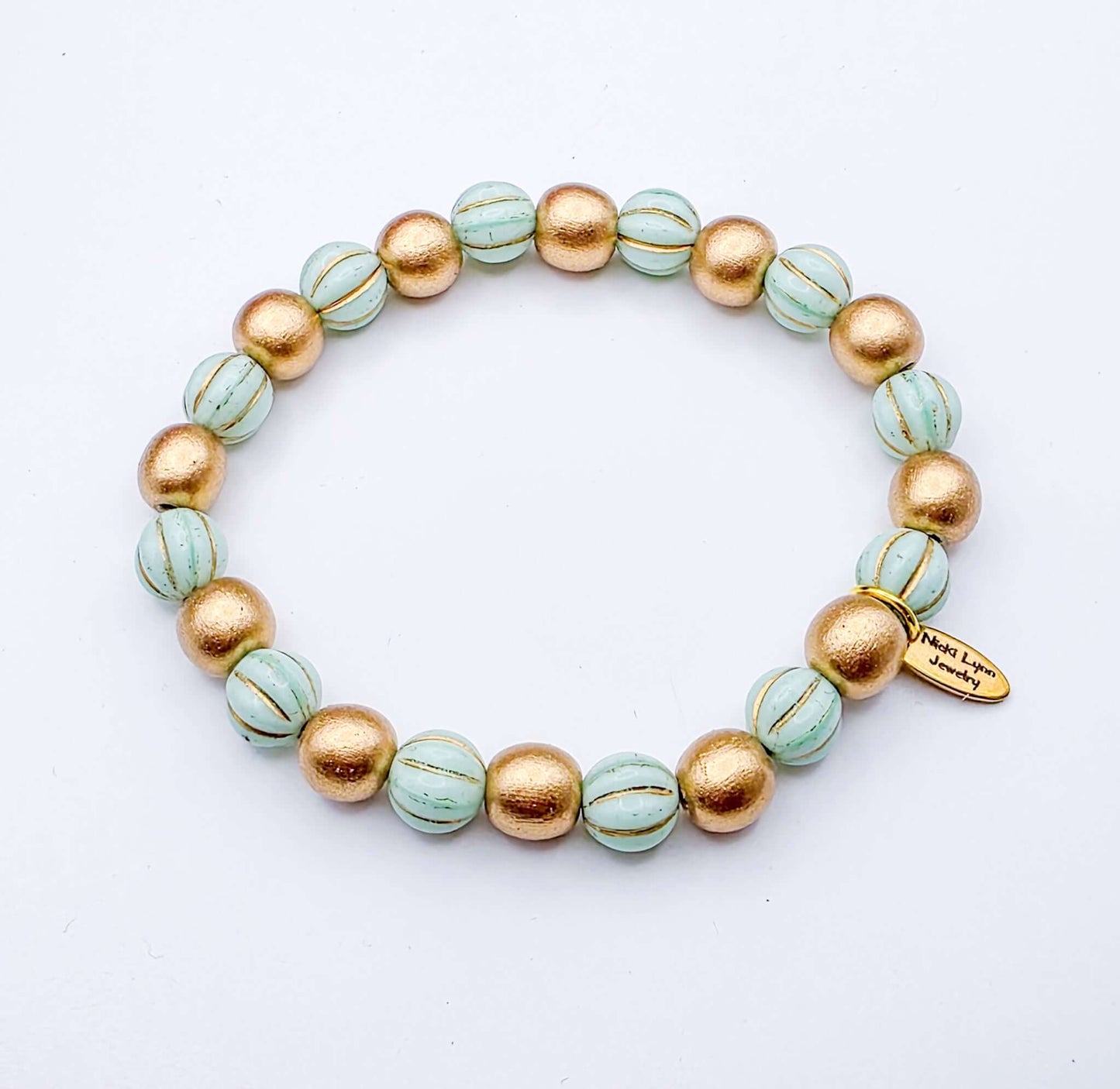 Gold Wood and Mint Czech Glass Beaded Bracelet, Nicki Lynn Jewelry