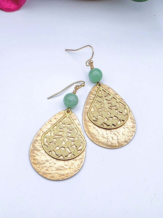 Textured Brass Teardrop Earrings With Aventurine Gemstones