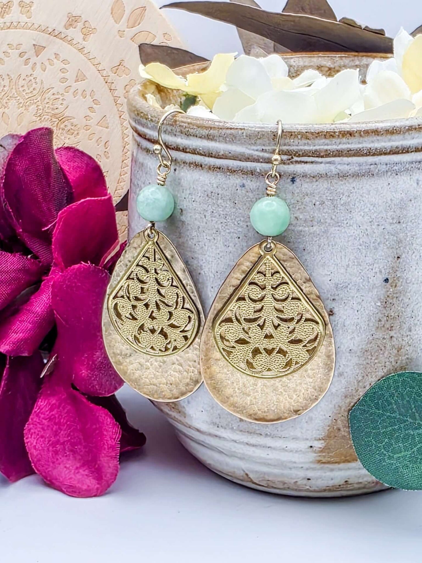 Textured Brass Teardrop Earrings With Aventurine Gemstones