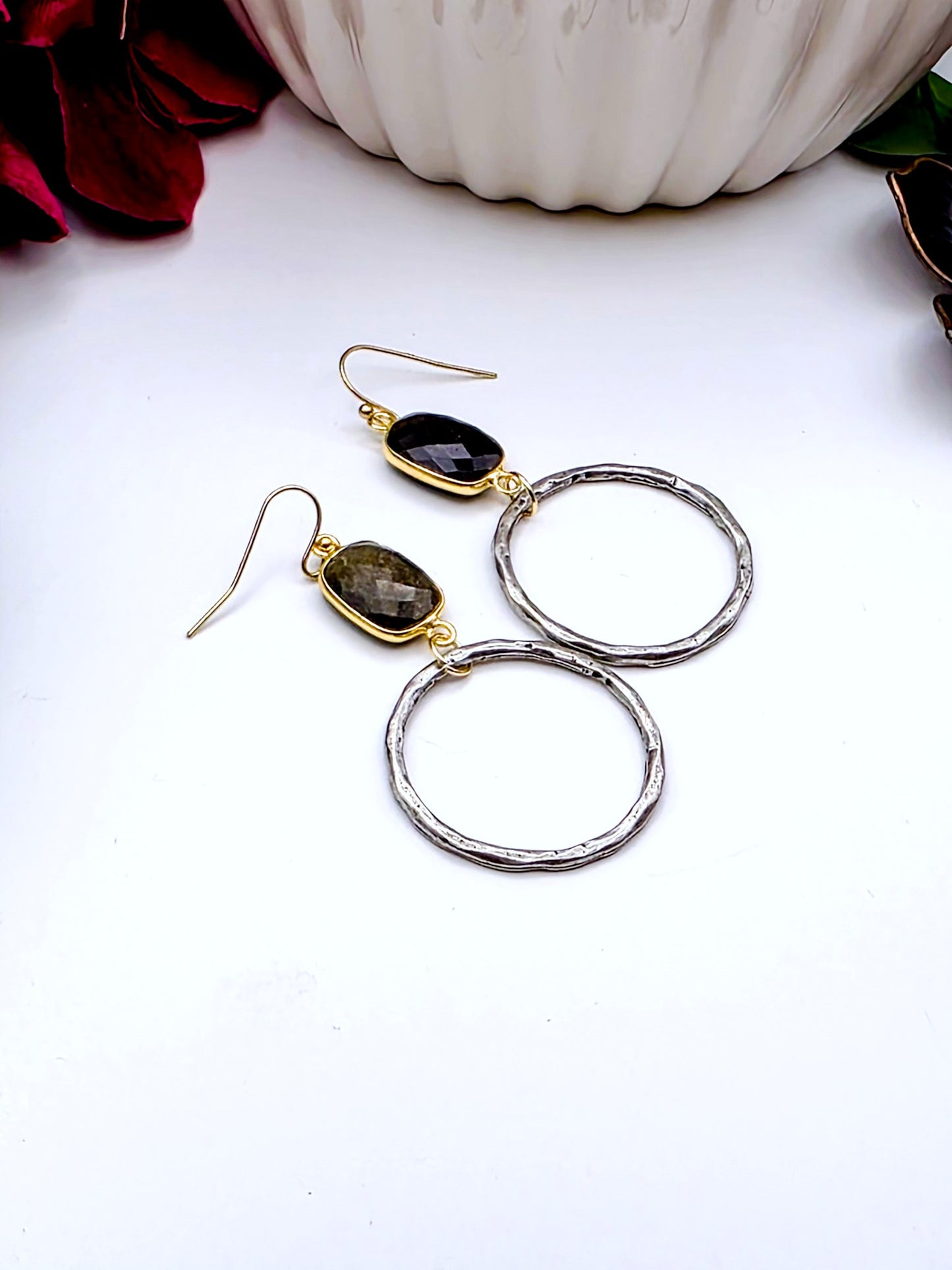 Labradorite and Silver Pewter Hoop Earrings-Nicki Lynn Jewelry
