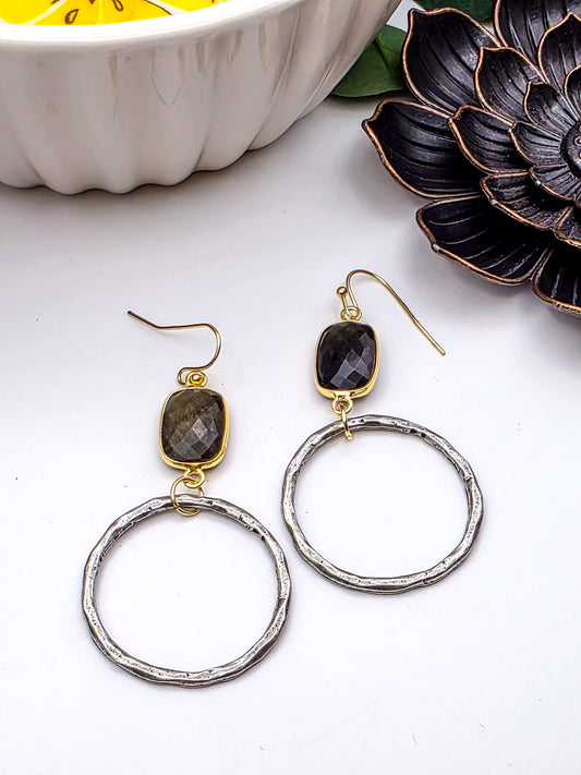 Labradorite and Silver Pewter Hoop Earrings-Nicki Lynn Jewelry