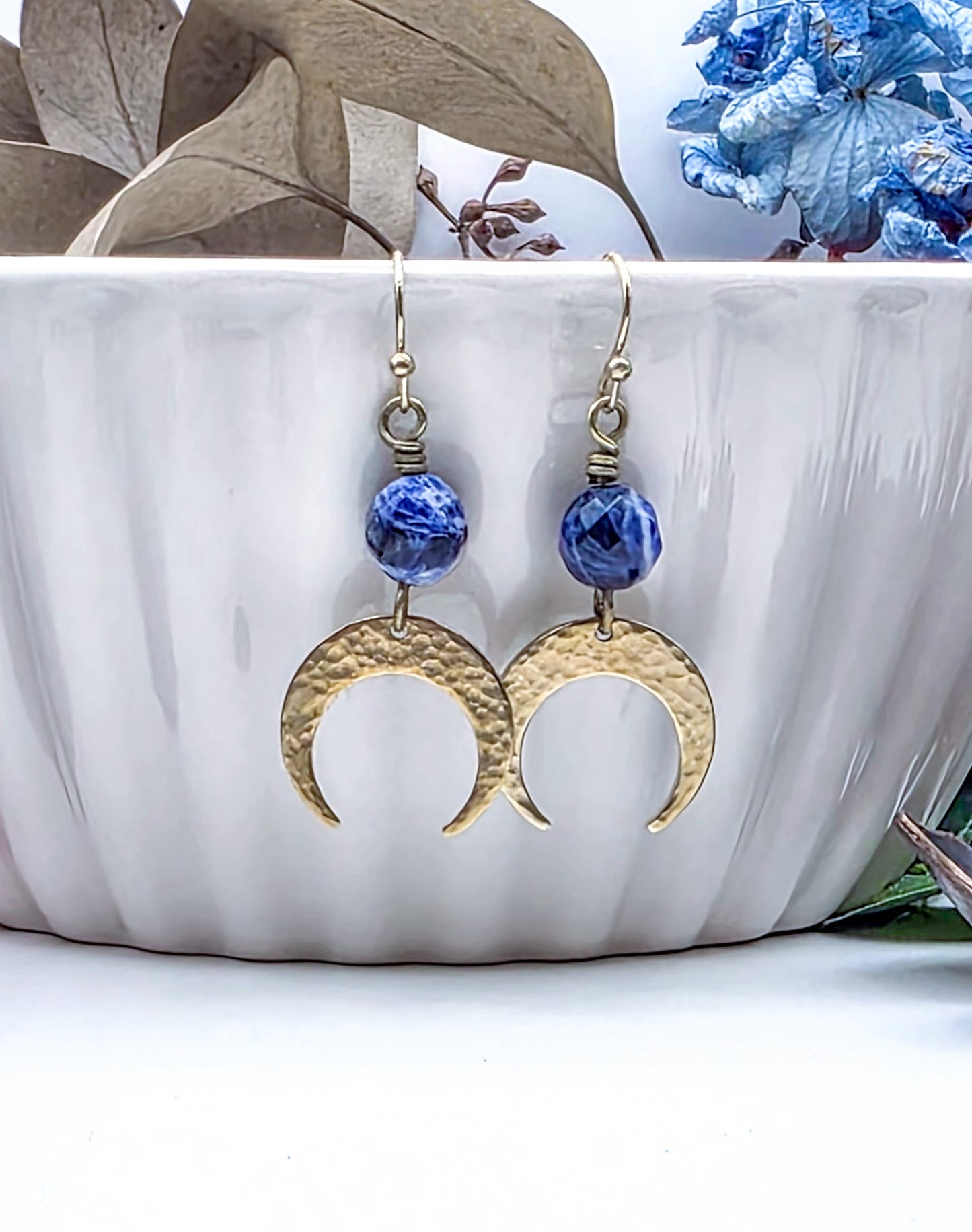 Sodalite Gemstone and Brass Moon Dangle Earrings-Nicki Lynn Jewelry