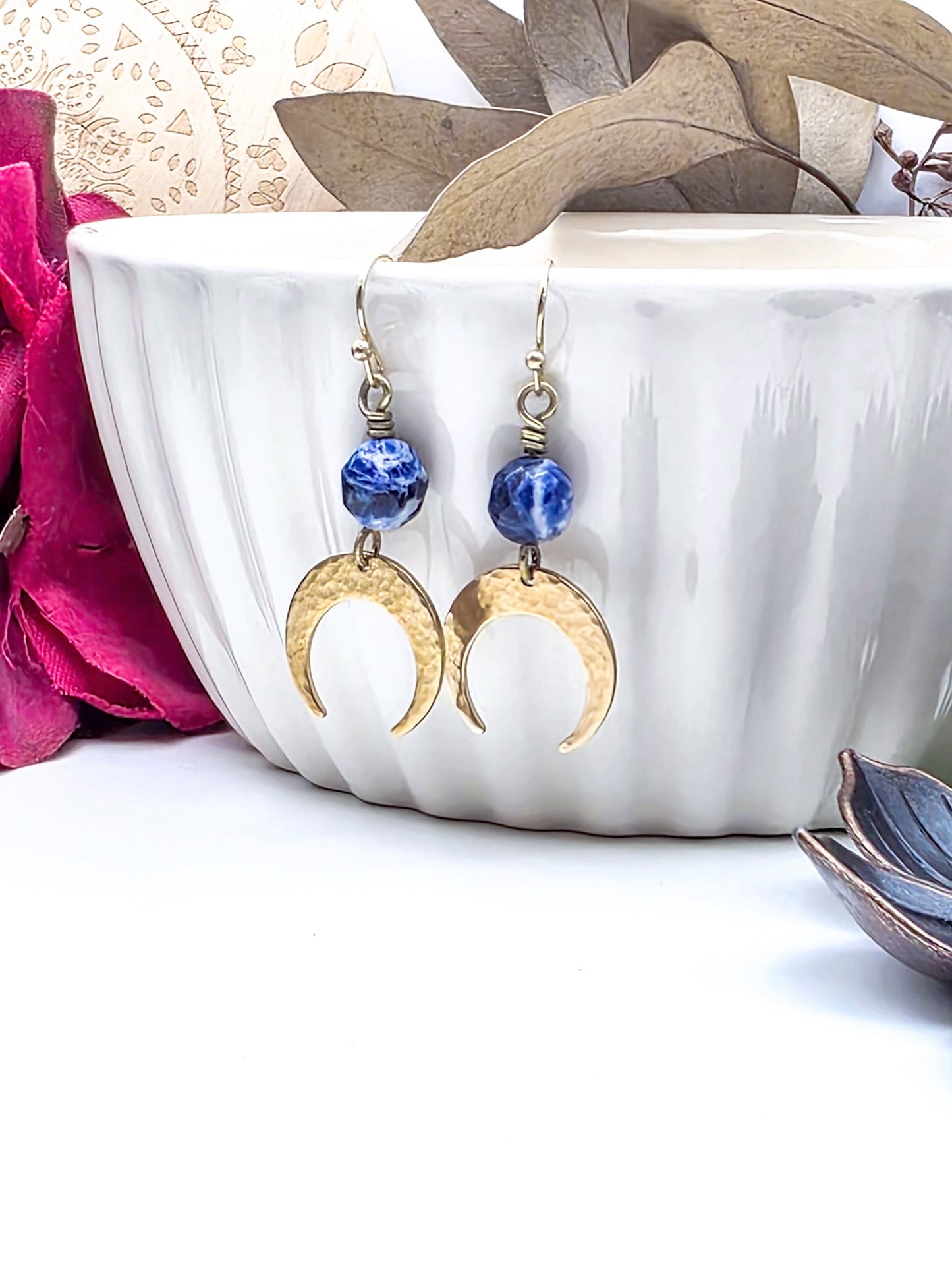 Sodalite Gemstone and Brass Moon Dangle Earrings-Nicki Lynn Jewelry