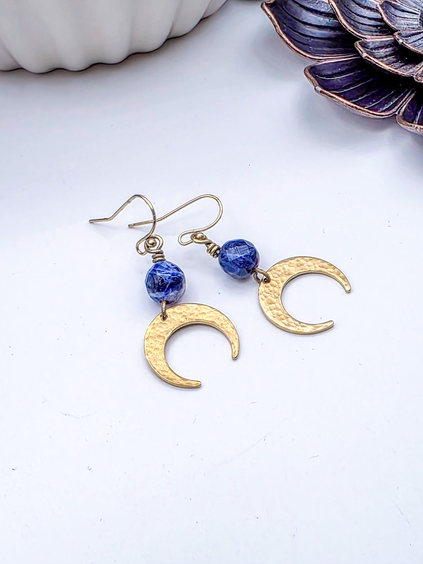 Sodalite Gemstone and Brass Moon Dangle Earrings-Nicki Lynn Jewelry