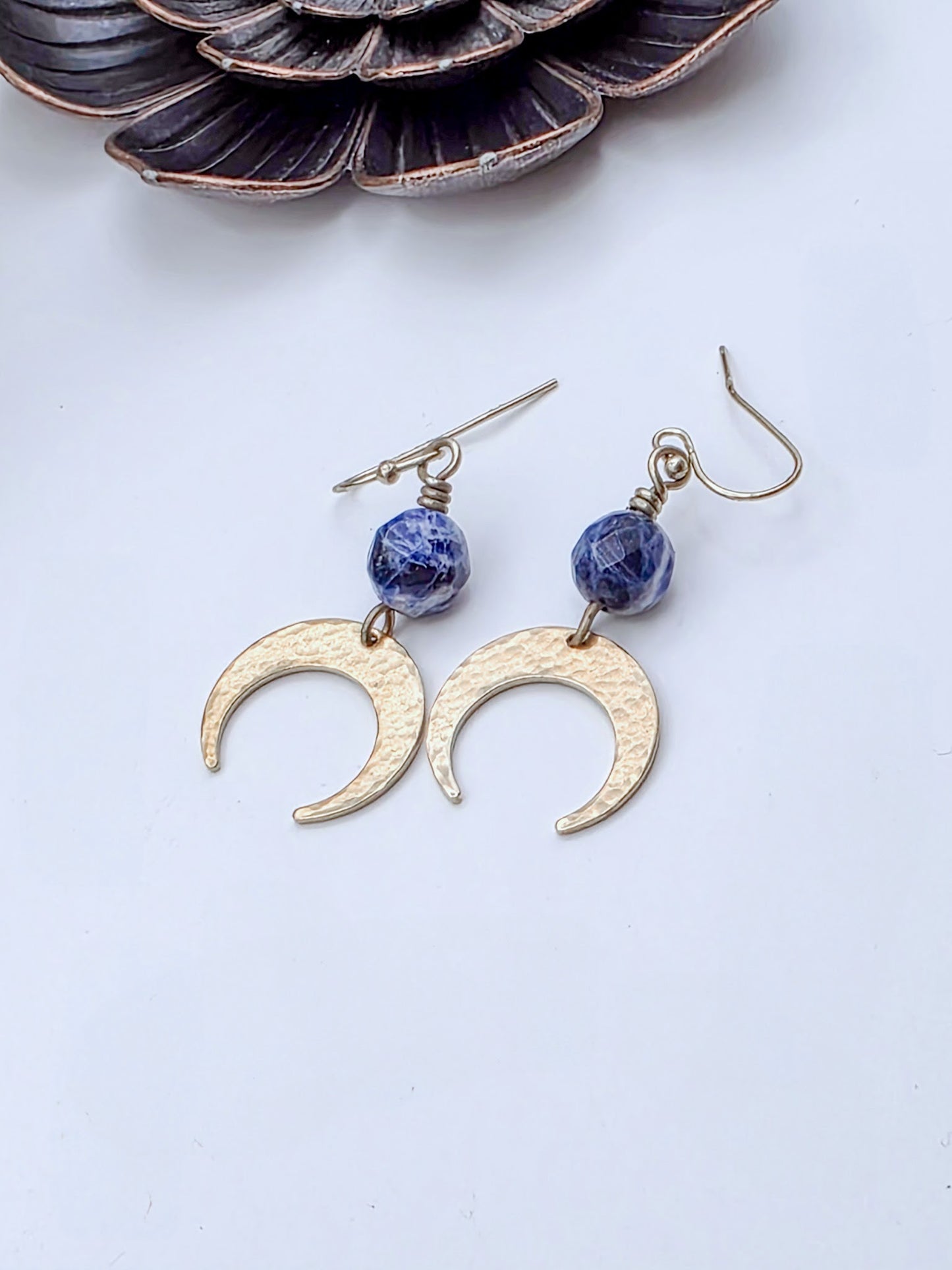 Sodalite Gemstone and Brass Moon Dangle Earrings-Nicki Lynn Jewelry
