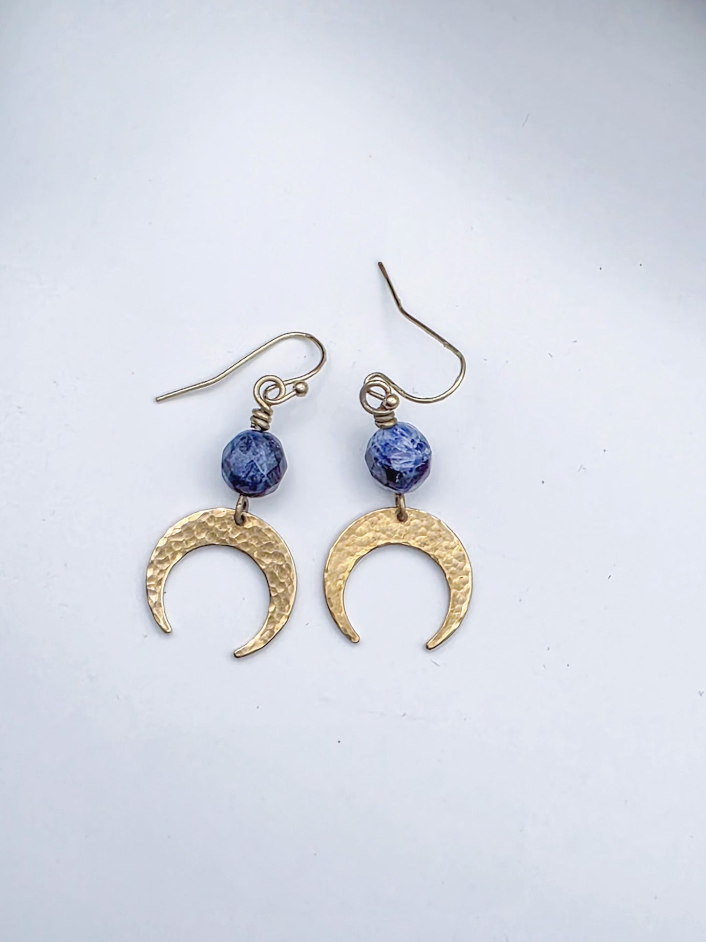 Sodalite Gemstone and Brass Moon Dangle Earrings-Nicki Lynn Jewelry
