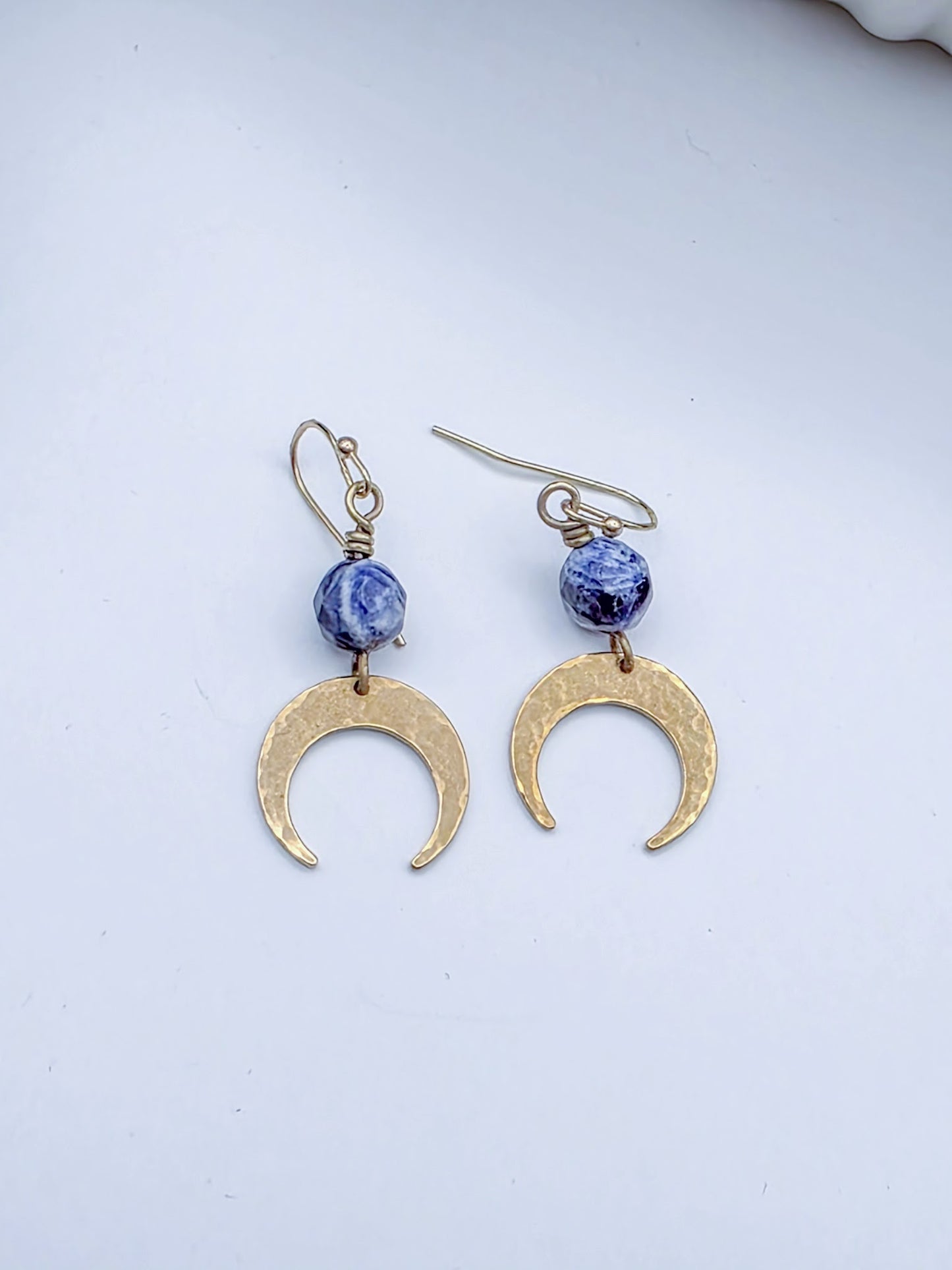 Sodalite Gemstone and Brass Moon Dangle Earrings-Nicki Lynn Jewelry