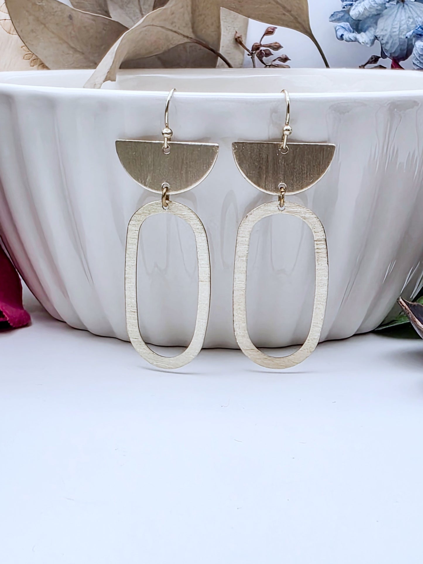 Gold Brass Oval Half Circle Dangle Earrings- Nicki Lynn Jewelry