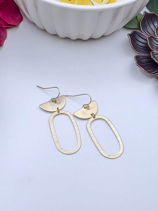Gold Brass Oval Half Circle Dangle Earrings- Nicki Lynn Jewelry