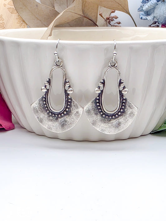 Antique Silver Boho Statement Earrings, Textured Ethnic Earrings, Bohemian Dangle Earrings