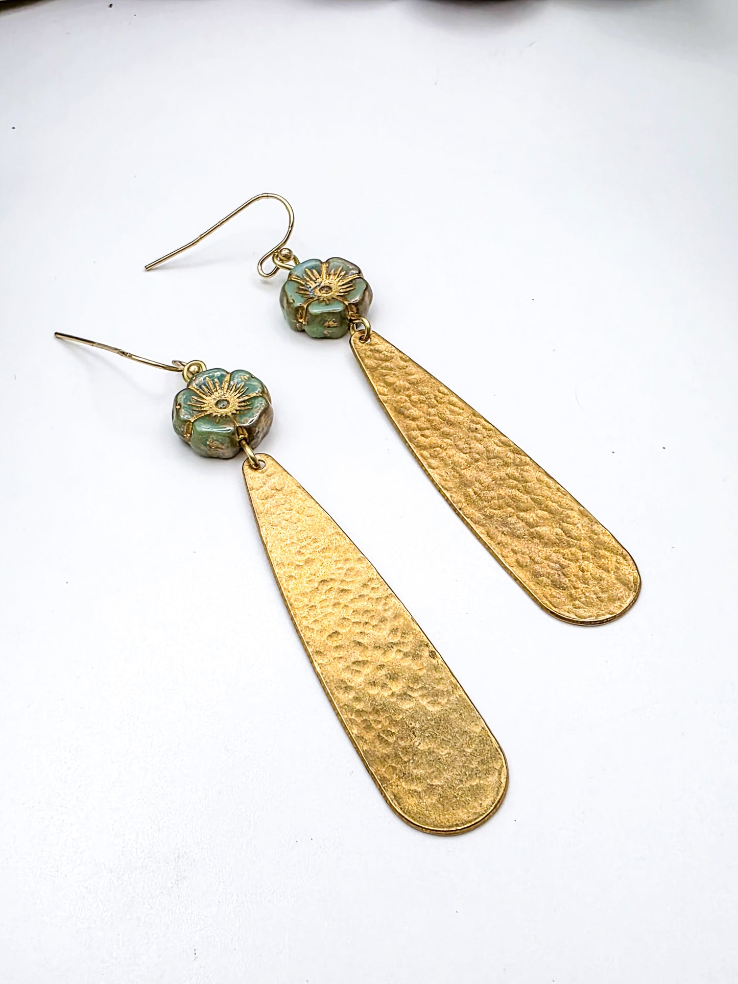 Hammered Brass Earrings with Czech Glass Flower Beads, Nicki Lynn Jewelry