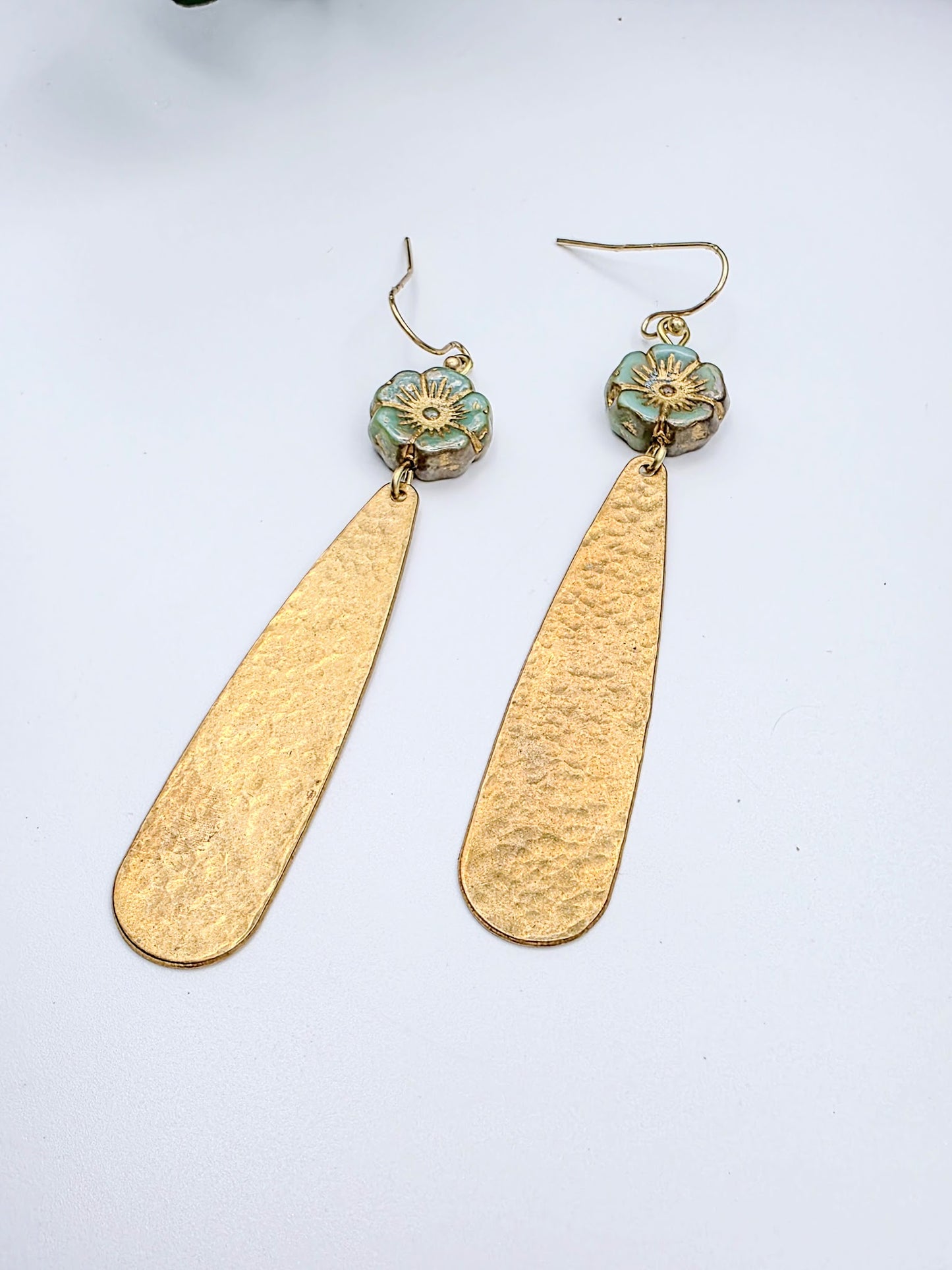 Hammered Brass Earrings with Czech Glass Flower Beads, Nicki Lynn Jewelry