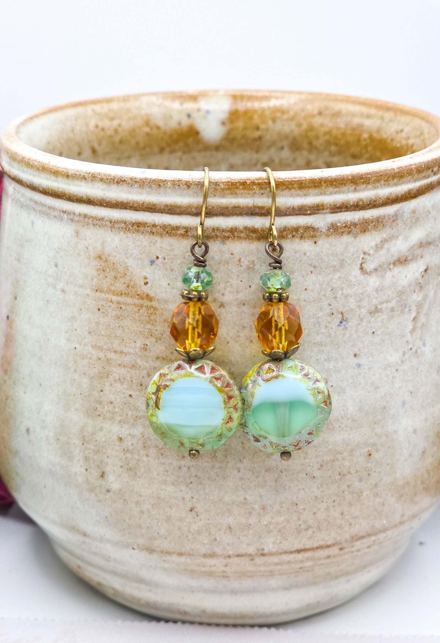 Seafoam Green & Amber Czech Dangle Earrings – Boho Vintage Jewelry, Nicki Lynn Jewelry