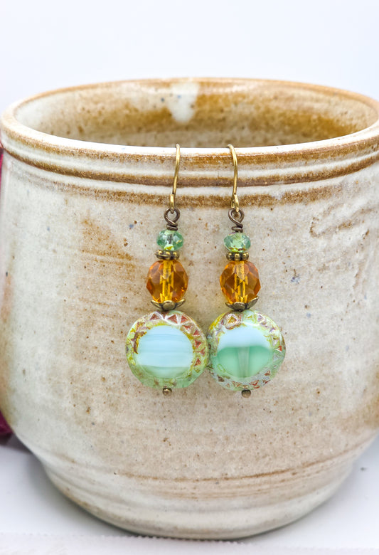 Seafoam Green & Amber Czech Dangle Earrings – Boho Vintage Jewelry, Nicki Lynn Jewelry