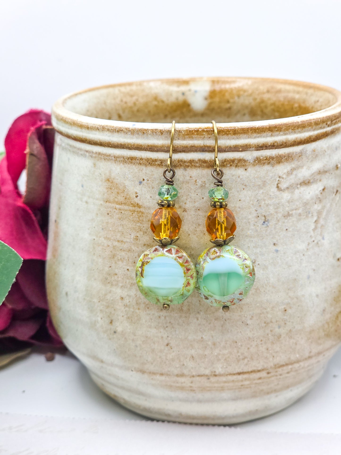 Seafoam Green & Amber Czech Dangle Earrings – Boho Vintage Jewelry, Nicki Lynn Jewelry