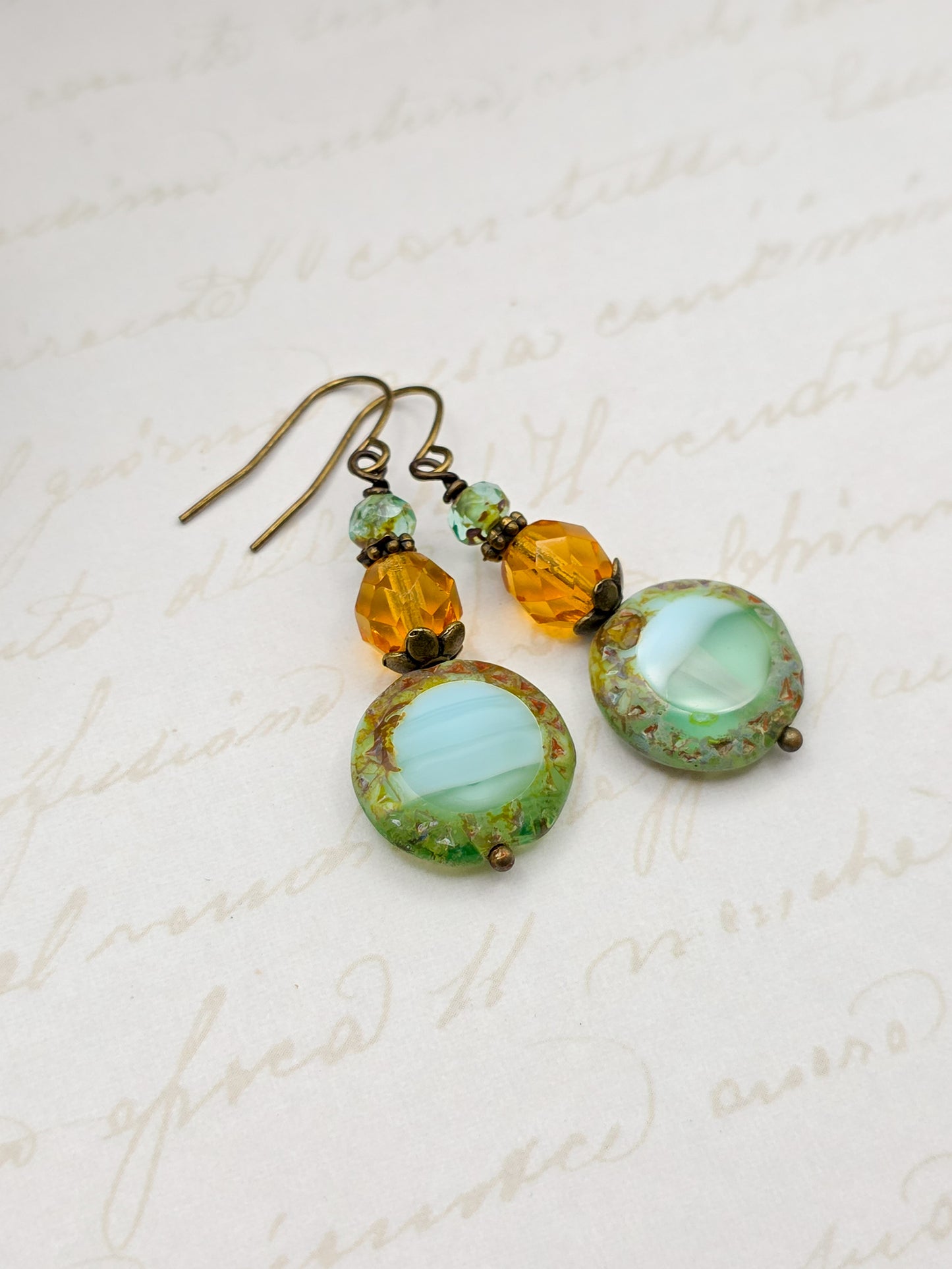 Seafoam Green & Amber Czech Dangle Earrings – Boho Vintage Jewelry, Nicki Lynn Jewelry