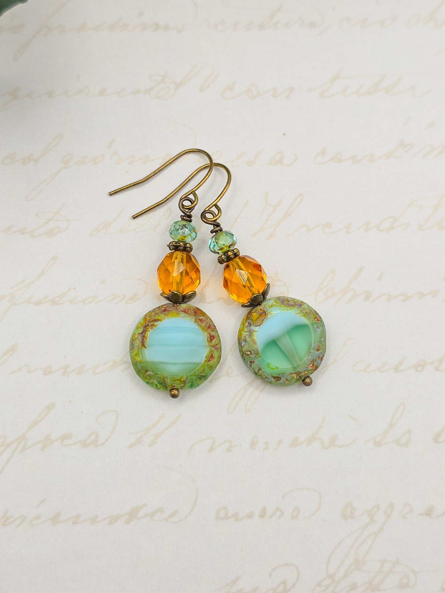 Seafoam Green & Amber Czech Dangle Earrings – Boho Vintage Jewelry, Nicki Lynn Jewelry