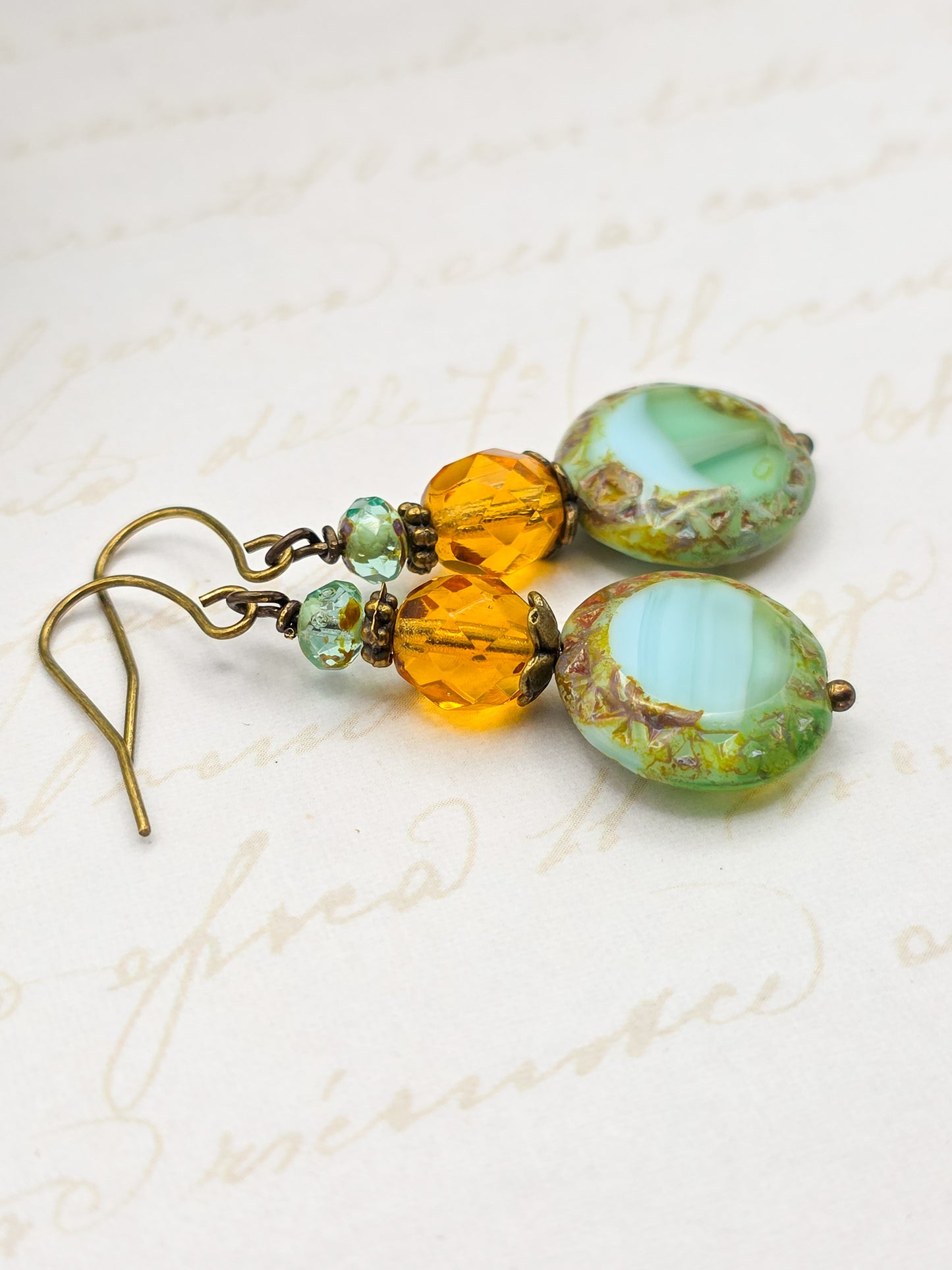 Seafoam Green & Amber Czech Dangle Earrings – Boho Vintage Jewelry, Nicki Lynn Jewelry