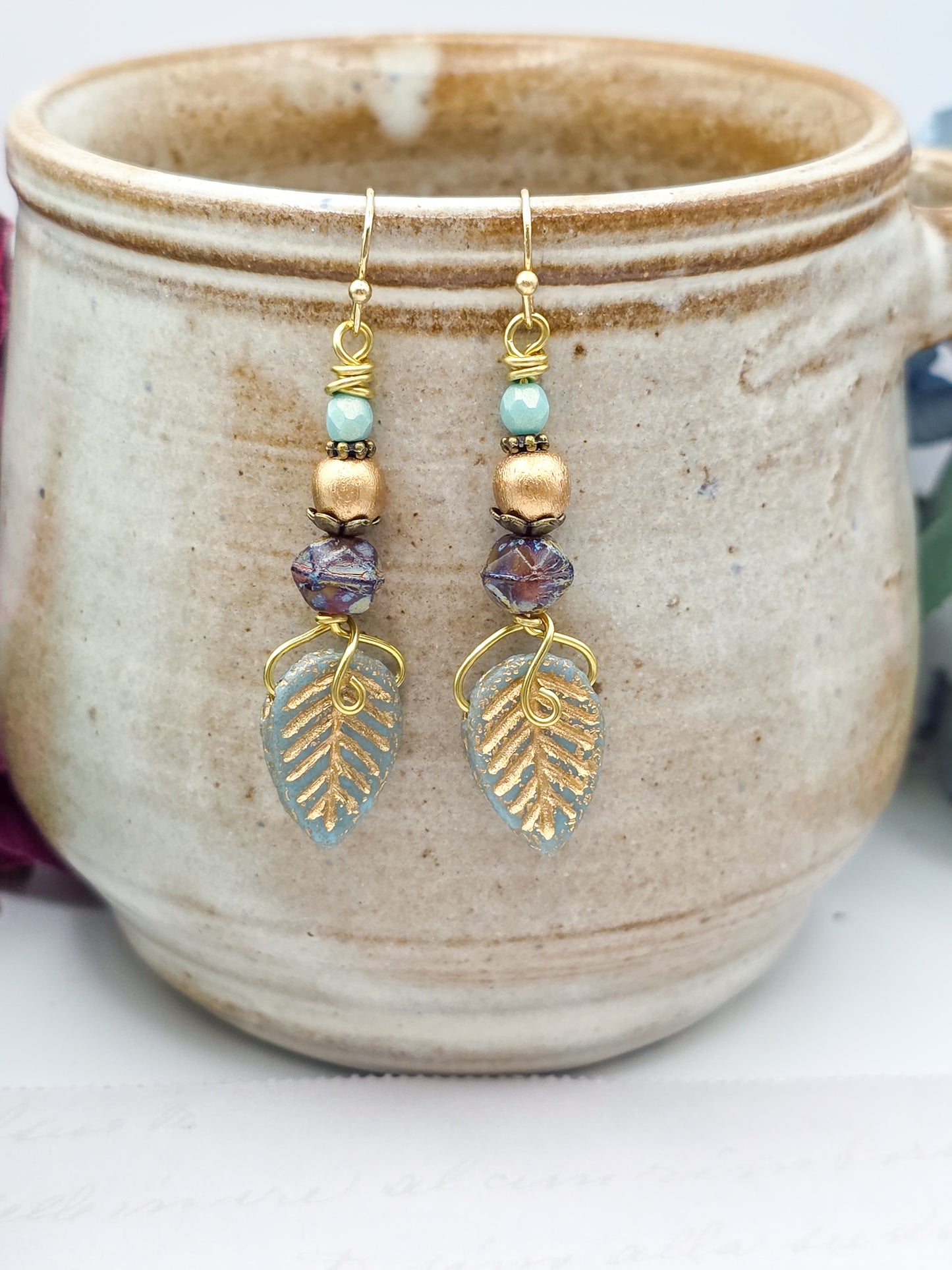 Czech Glass Leaf Earrings – Boho Nature-Inspired Dangles with Gold Accents, Nicki Lynn Jewelry