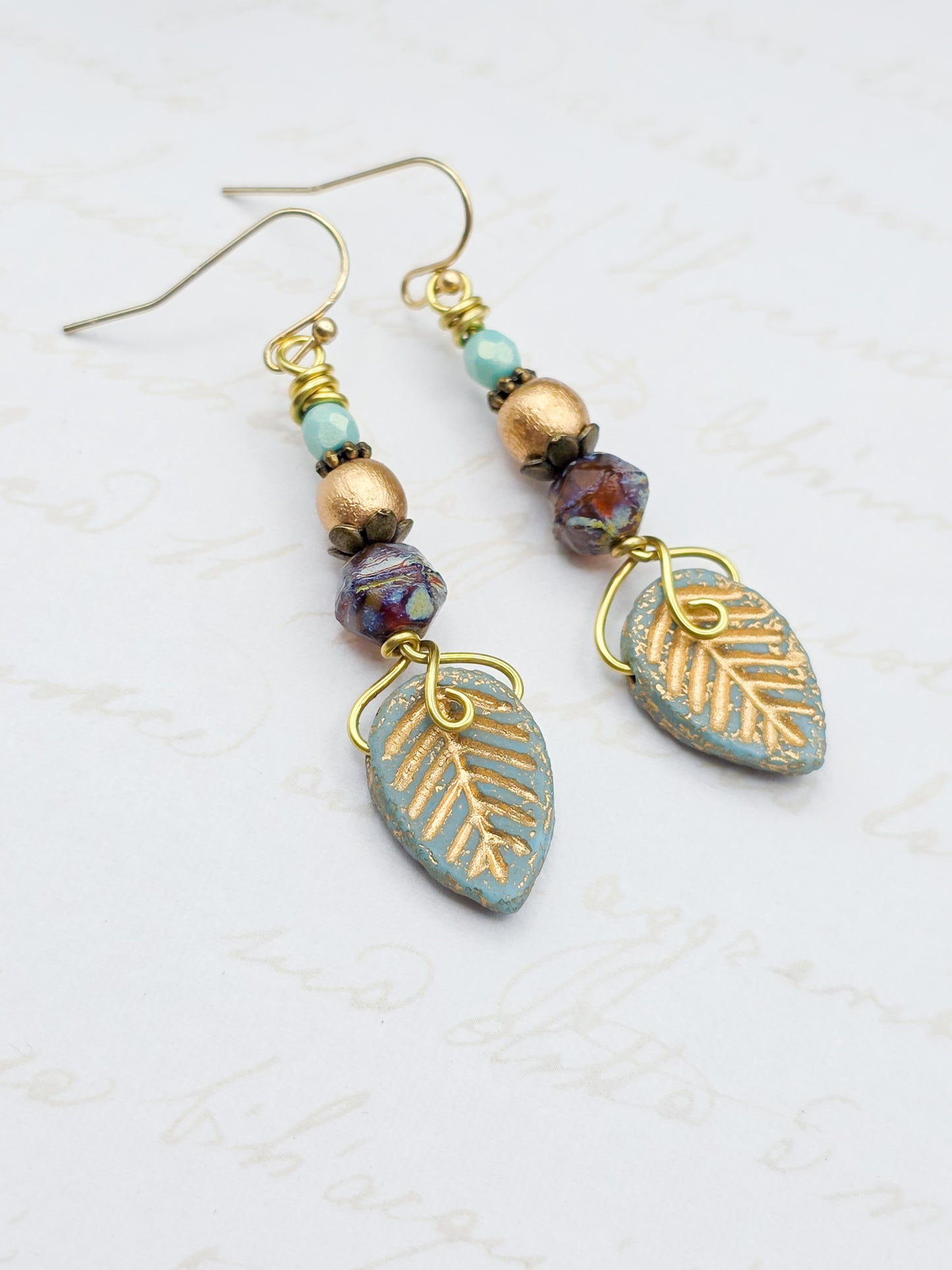 Czech Glass Leaf Earrings – Boho Nature-Inspired Dangles with Gold Accents, Nicki Lynn Jewelry