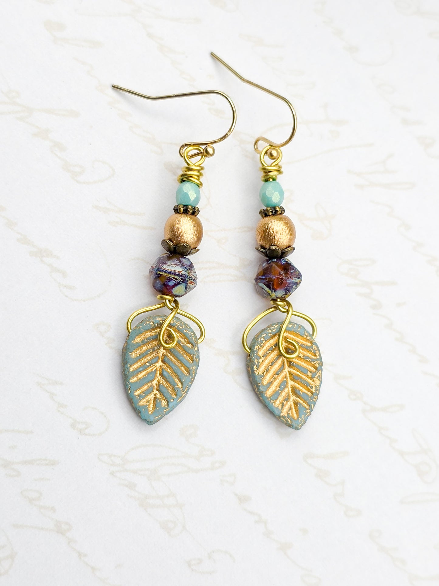 Czech Glass Leaf Earrings – Boho Nature-Inspired Dangles with Gold Accents, Nicki Lynn Jewelry