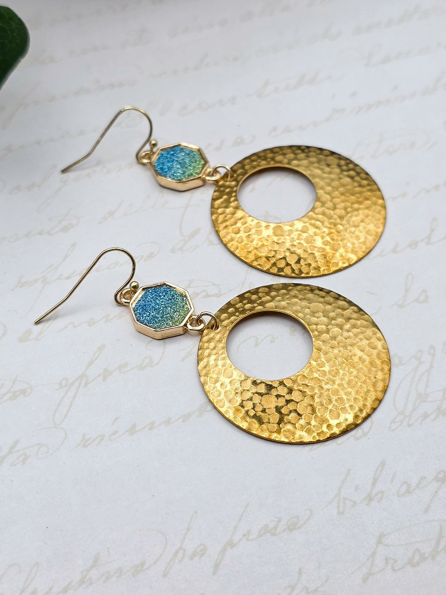 Sparkling Blue Glitter and Gold Hammered Circle Dangles – Boho Statement Earrings, Nicki Lynn Jewelry