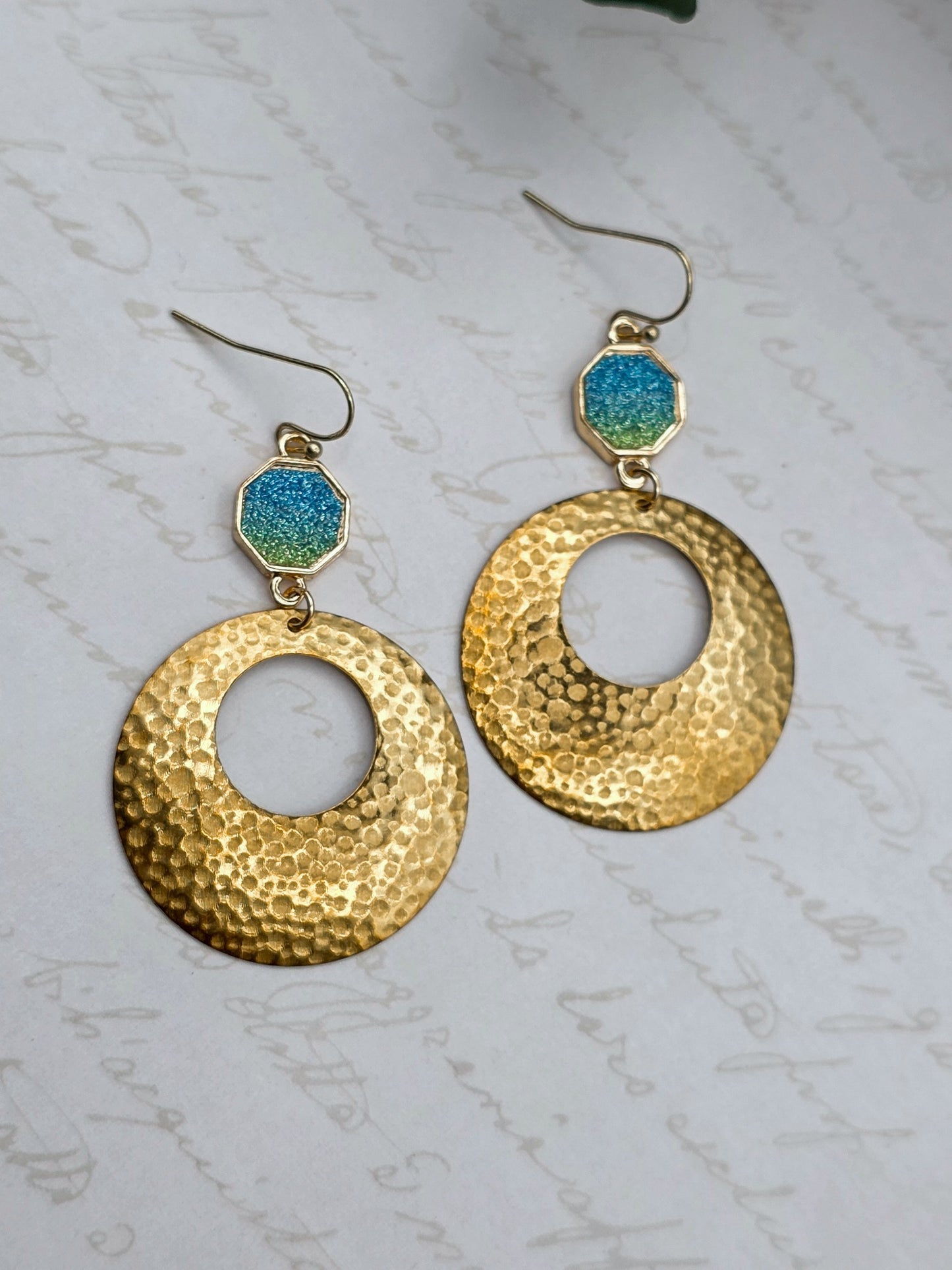Sparkling Blue Glitter and Gold Hammered Circle Dangles – Boho Statement Earrings, Nicki Lynn Jewelry