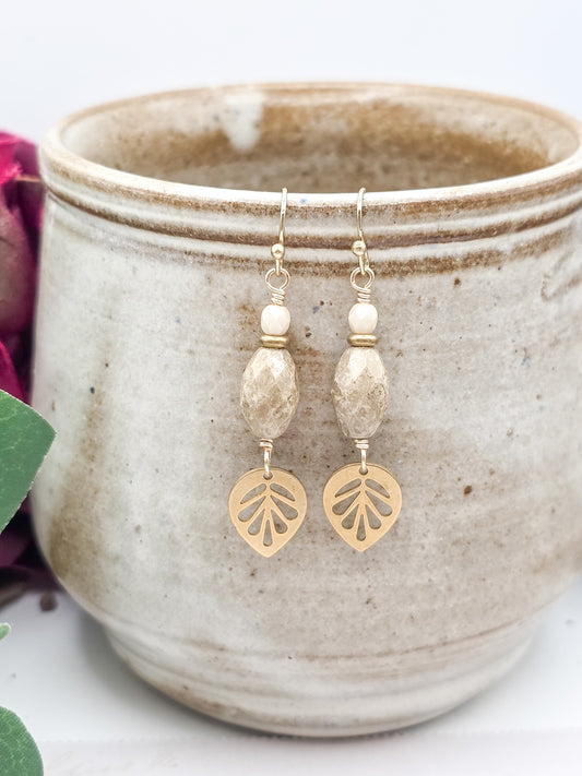 Raw Brass Leaf Earrings with Czech Glass Beads – Boho Nature-Inspired Jewelry, Nicki Lynn Jewelry