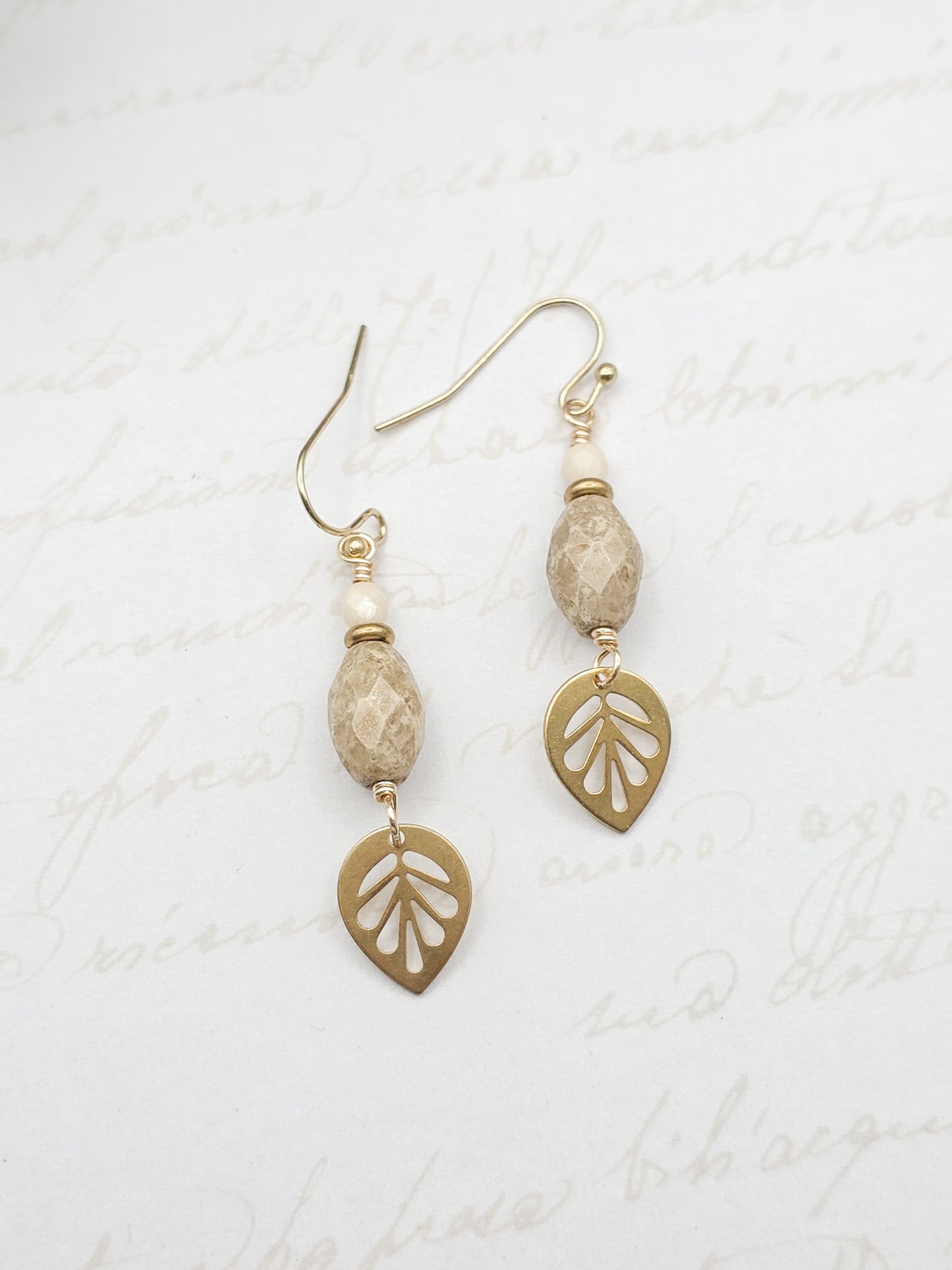 Raw Brass Leaf Earrings with Czech Glass Beads – Boho Nature-Inspired Jewelry, Nicki Lynn Jewelry