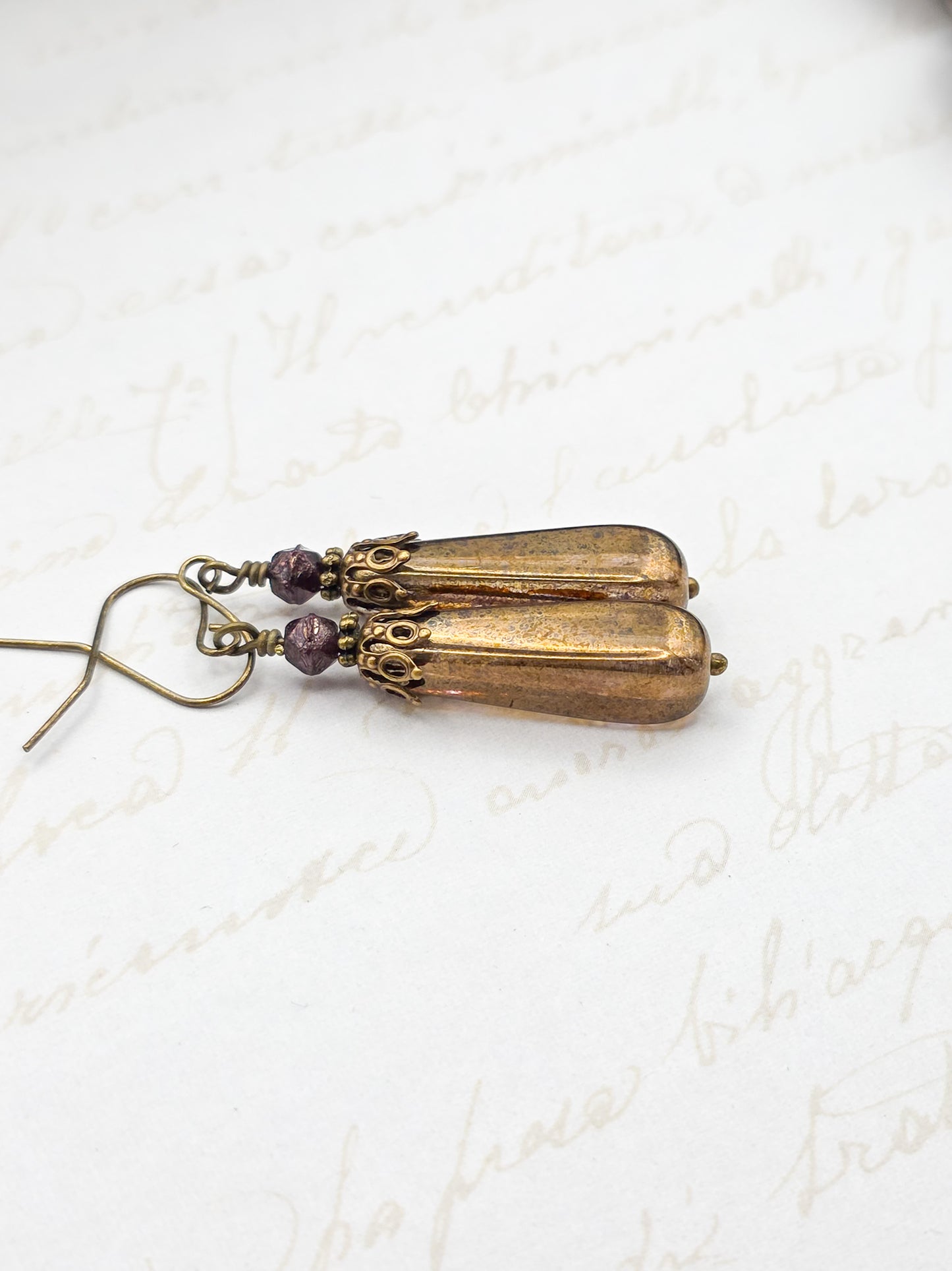 Bronze earrings with Czech glass purple beads