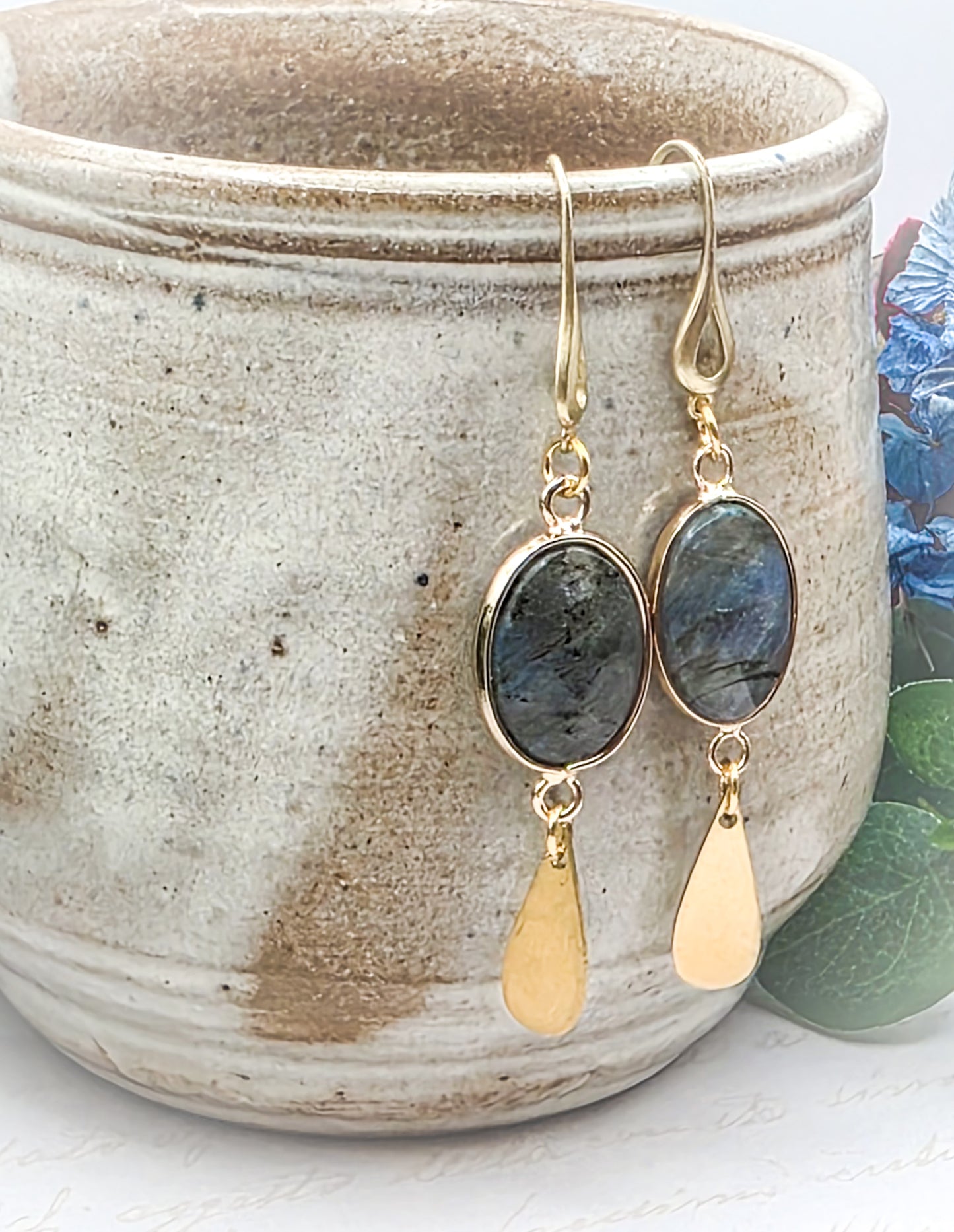 Labradorite and Gold Brass Teardrop Earrings, Nicki Lynn Jewelry