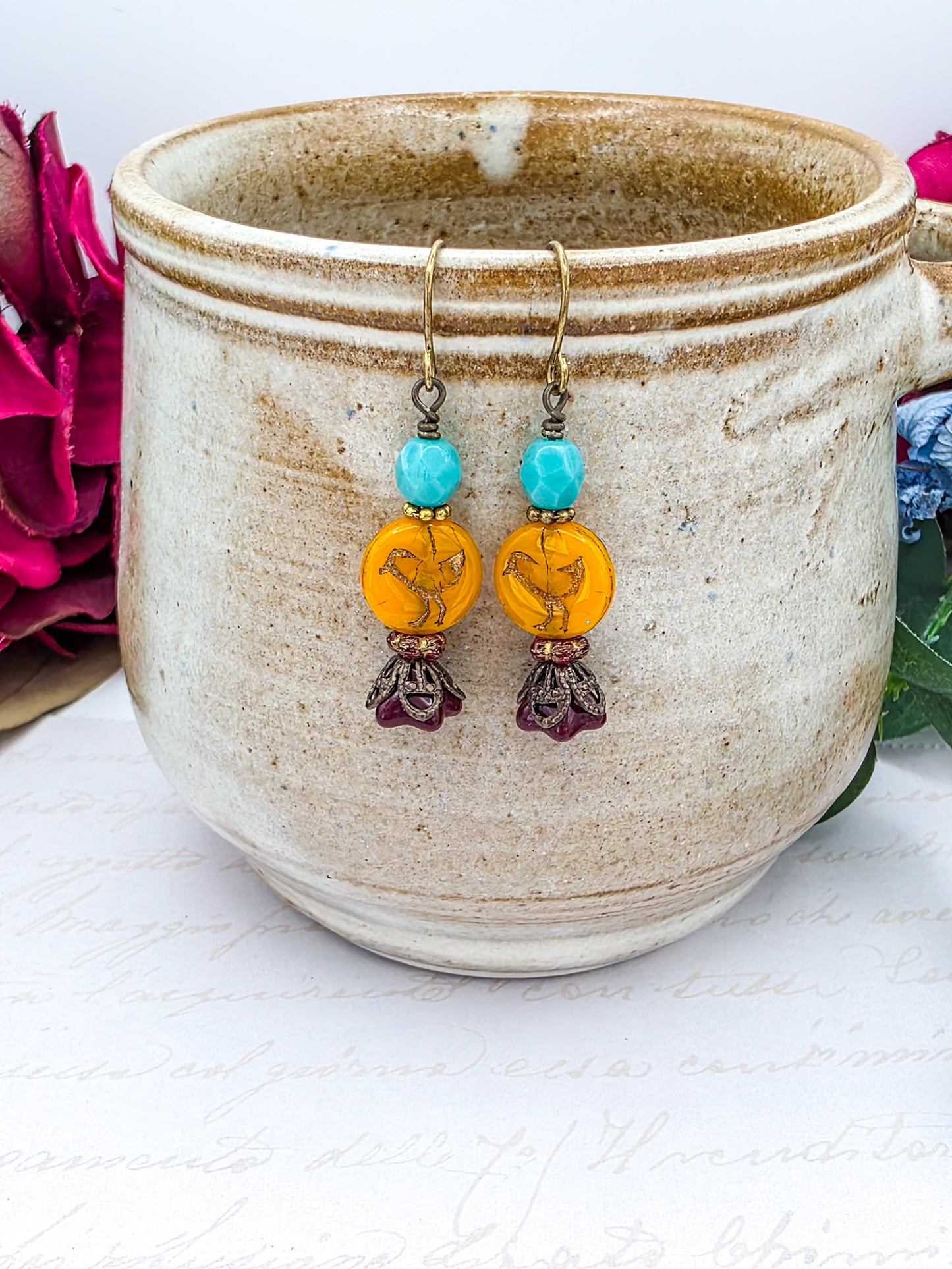 Victorian Style Czech Bead Dangle Earrings, Boho Bird Earrings, Colorful Dangle Earrings-Nicki Lynn Jewelry