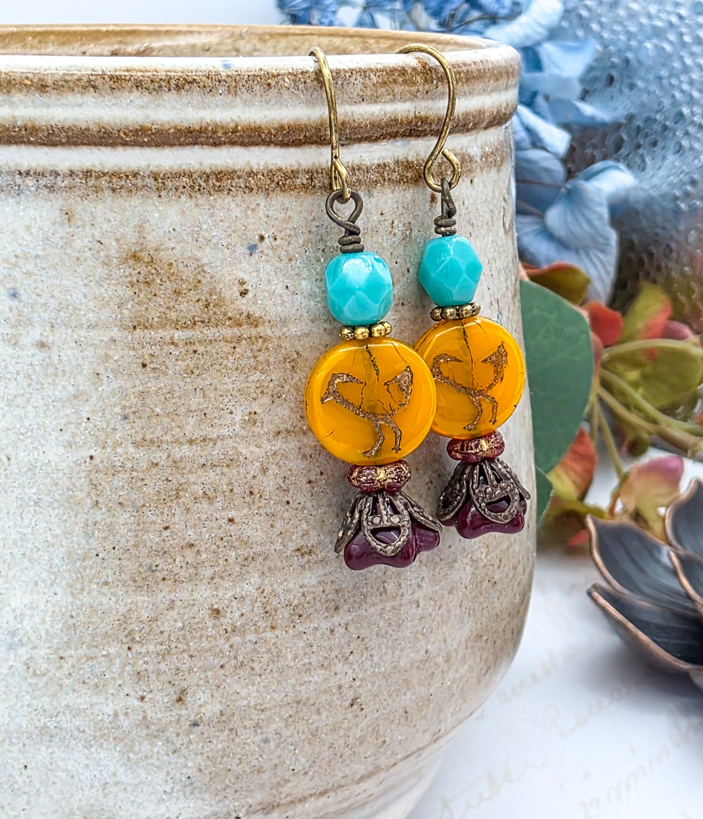 Victorian Style Czech Bead Dangle Earrings, Boho Bird Earrings, Colorful Dangle Earrings-Nicki Lynn Jewelry
