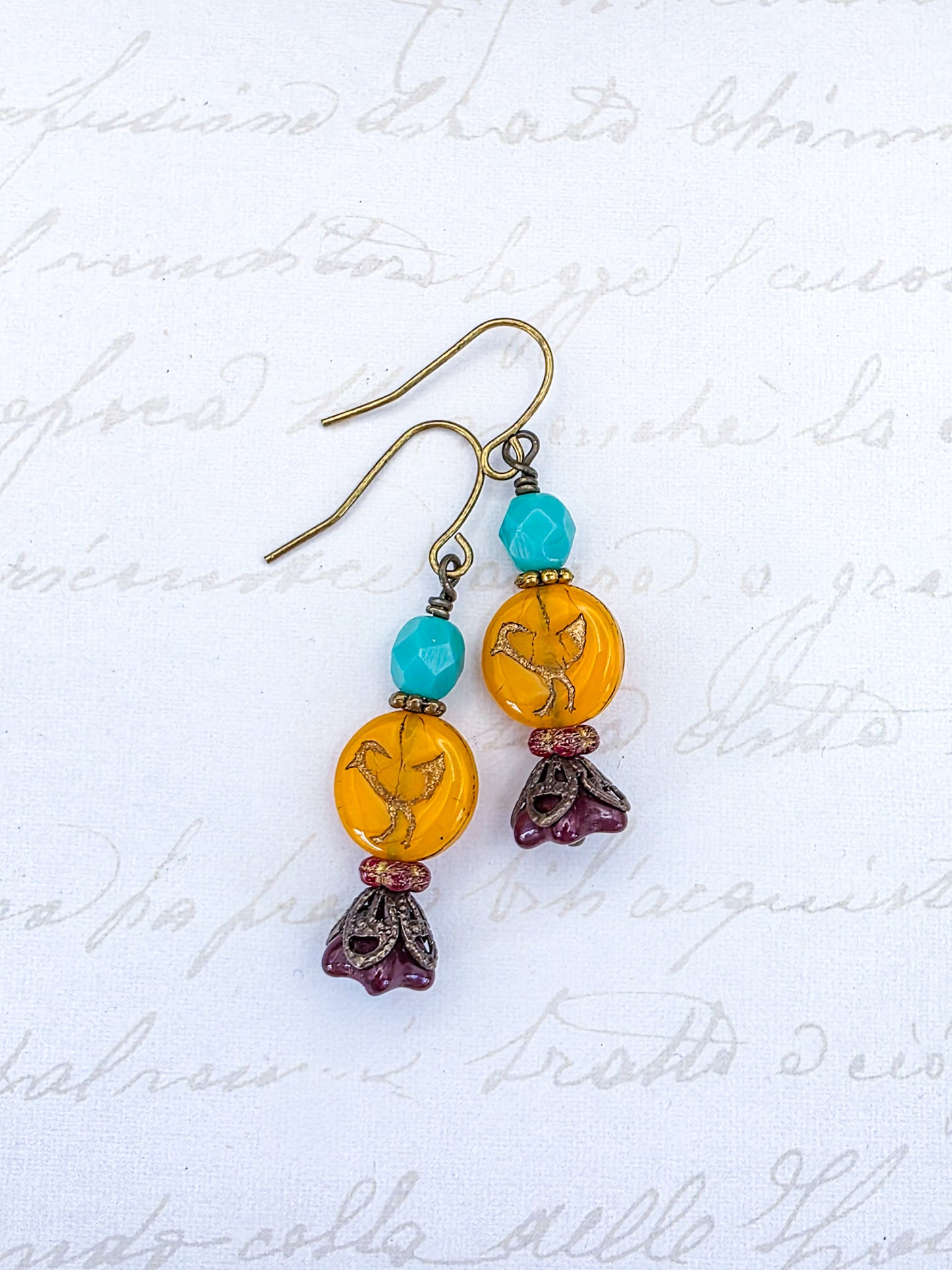 Victorian Style Czech Bead Dangle Earrings, Boho Bird Earrings, Colorful Dangle Earrings-Nicki Lynn Jewelry