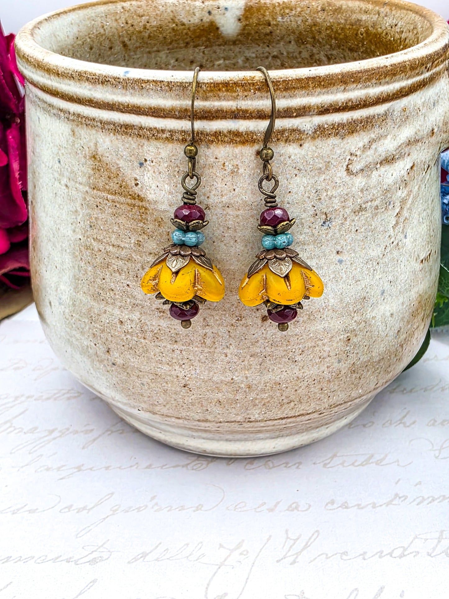 Victorian Style Czech Flower Dangle Earrings