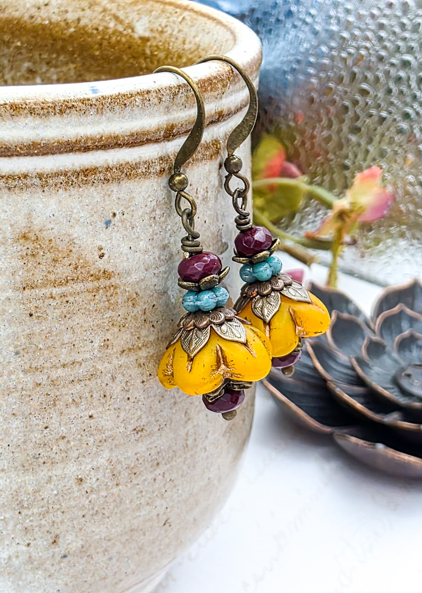 Victorian Style Czech Flower Dangle Earrings